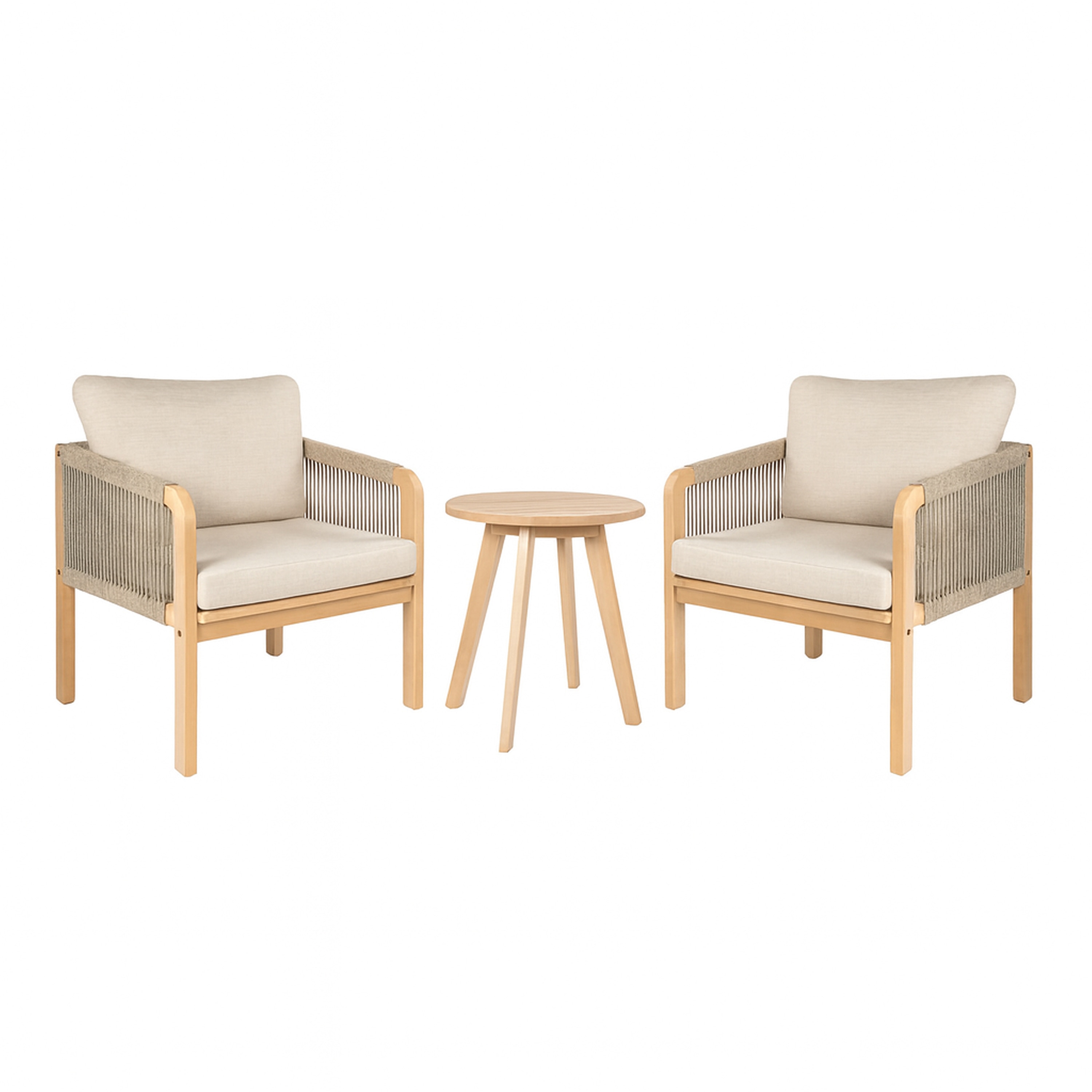 JONATHAN  Y Aveiro 3-Piece Modern Bohemian Roped Round Acacia Wood Conversation Outdoor Patio Set with Cushions - Beige/Light Teak