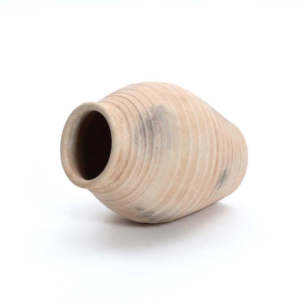 Rustic Light Brown Ribbed Ceramic Urn Vase 13.2-Inch Tall