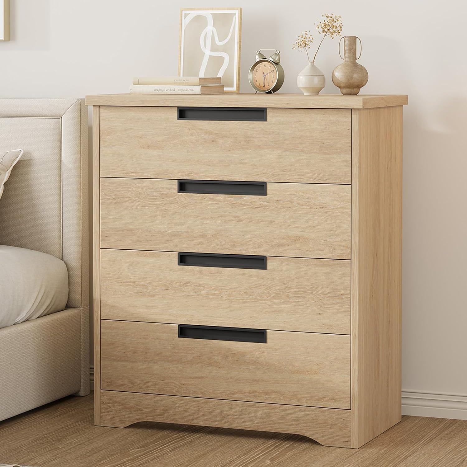 Qeetex LSDIBPHK338TQMKS Off-white Four Drawer Four Tier Wooden Dresser With Embedded Handles For Bedroom Living Room And Nursery Storage
