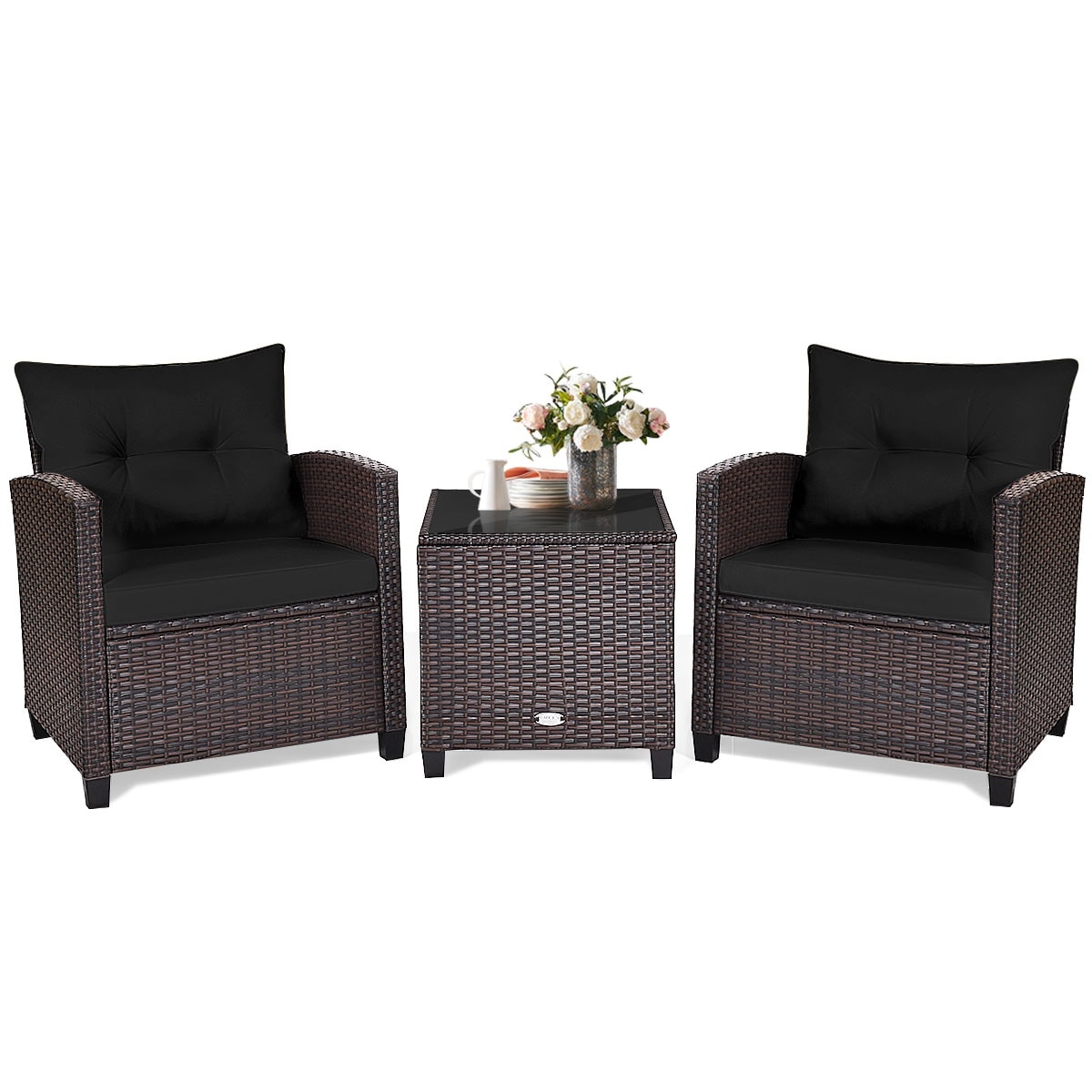 Forclover HYFC-639DK 3-Pieces Wicker Patio Conversation Set 3 -Piece Rattan Patio Conversation Set with Black Cushions