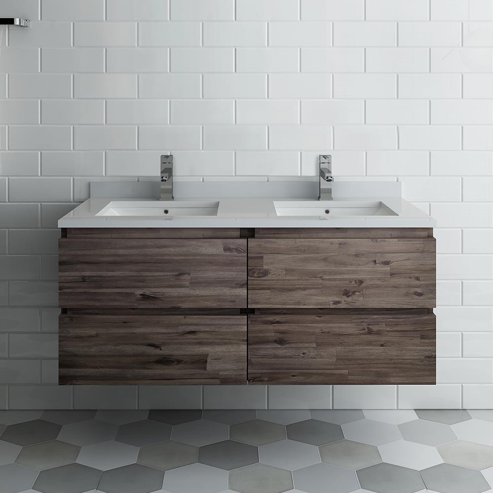 Transitional 48" Double Sink Wall-Mounted Vanity in Brown with Quartz Top