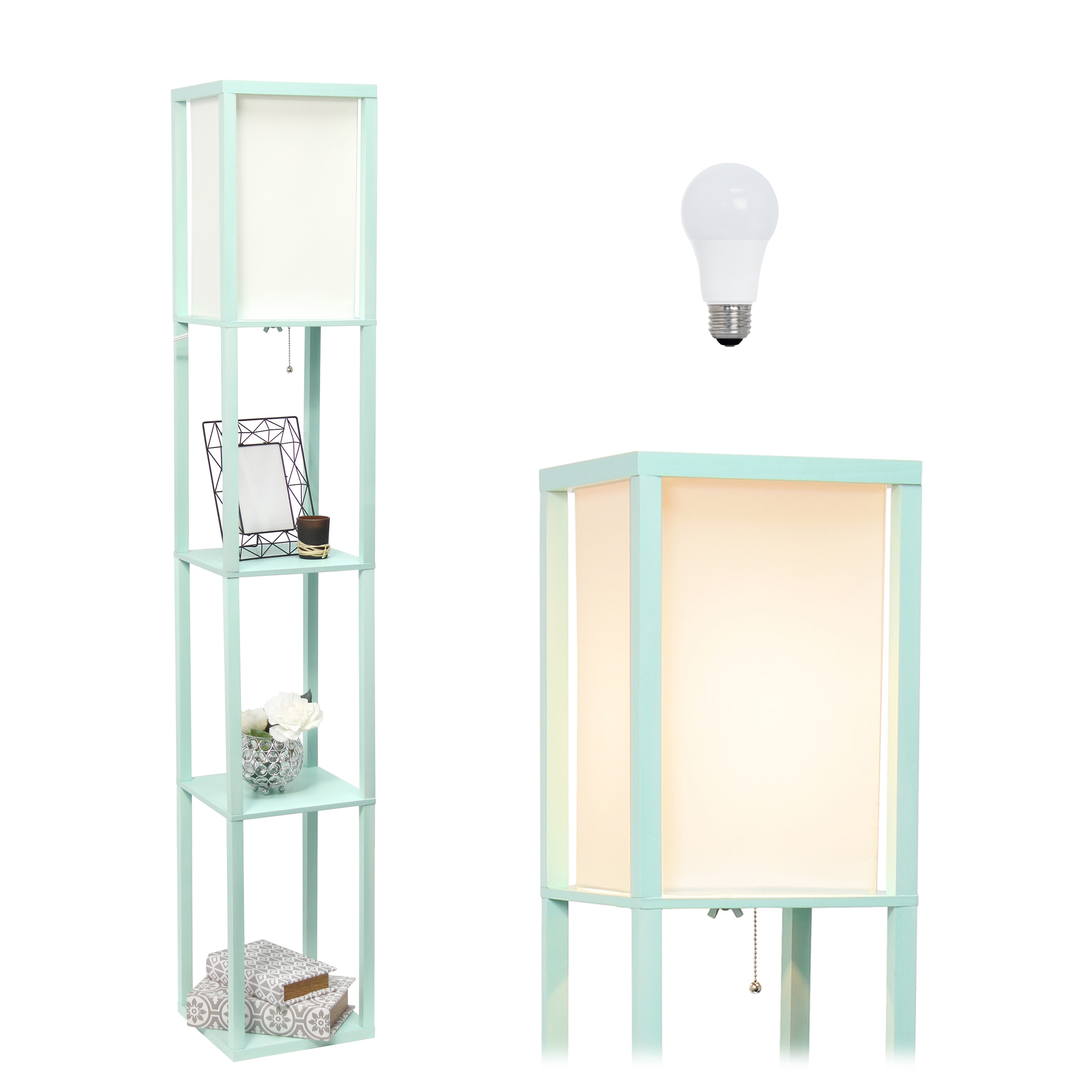 Simple Designs LF1014-AQU-LB 62.5-in Aqua Shelf Floor Lamp with Linen Shade