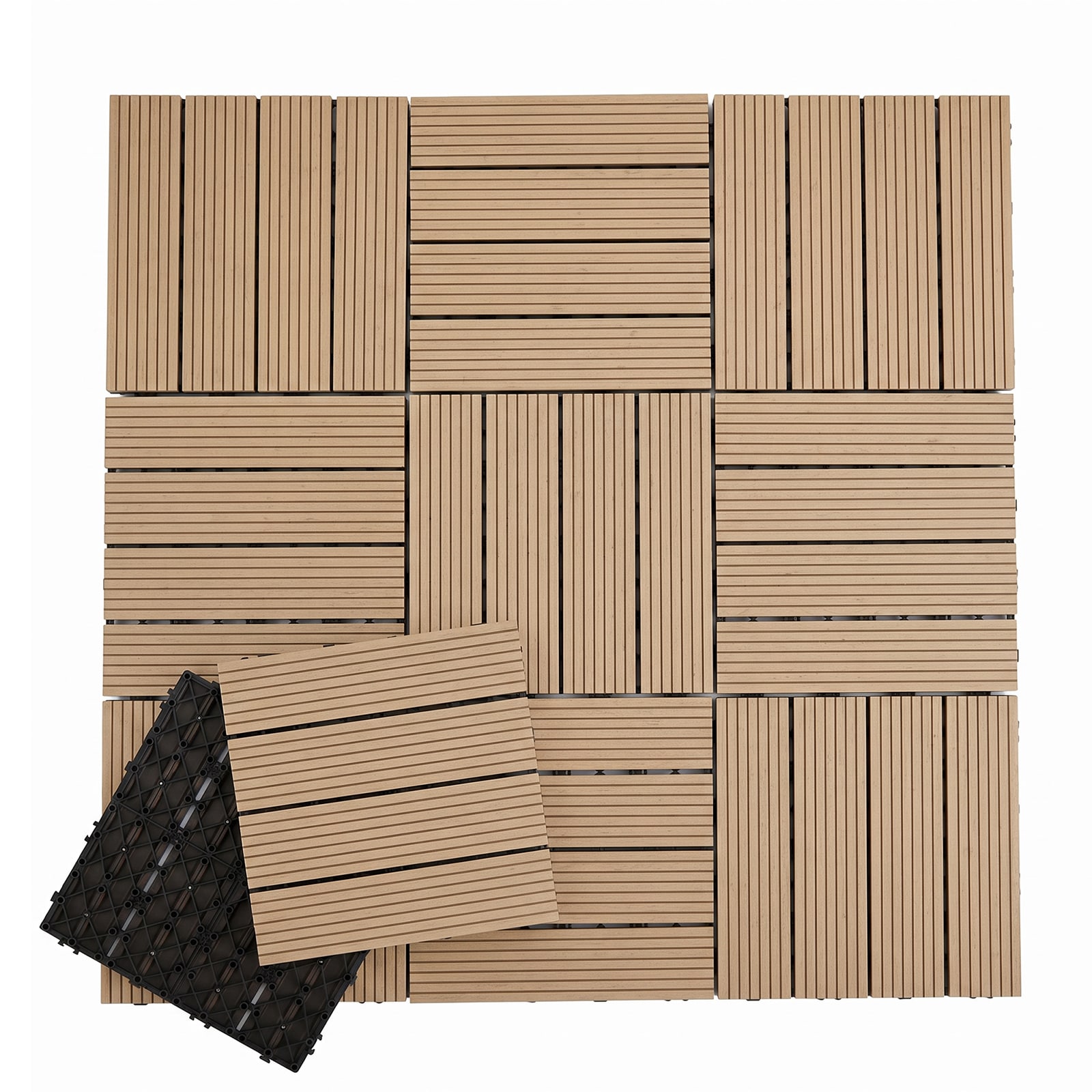 GarveeLife Interlocking Deck Tiles 10 Pack 12x12in Wood Plastic Composite Outdoor Flooring DIY Snap-Lock Patio Deck Tiles for Balcony Garden Teak