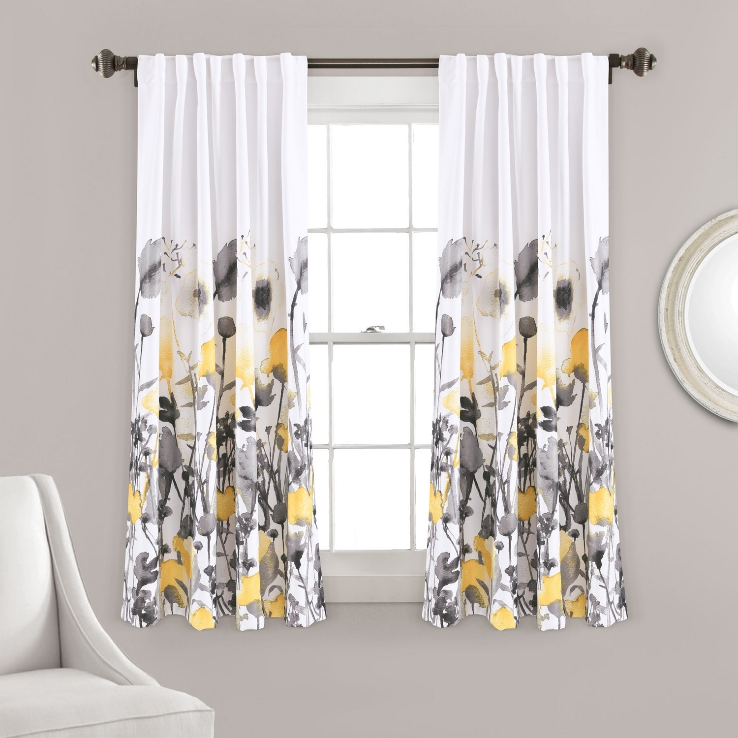 Lush Decor 16T007876 63-Inches Yellow Floral Light filtering Back tab Curtain panel pair