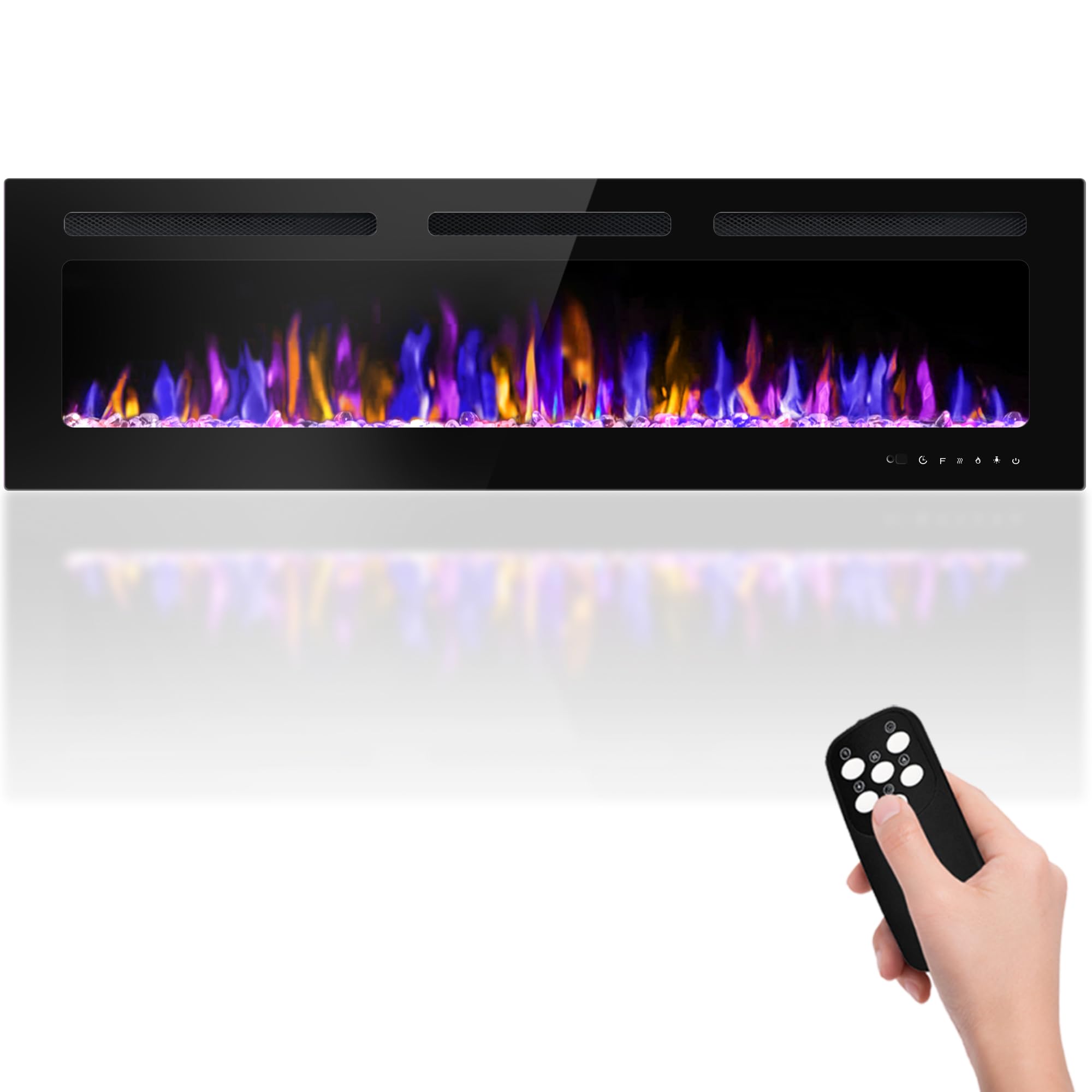 AKSCYZM  60 Inch Electric Fireplace Wall Mounted and Recessed Ultra Thin Heater with Remote Control Adjustable Flame Color and Brightness Log Set