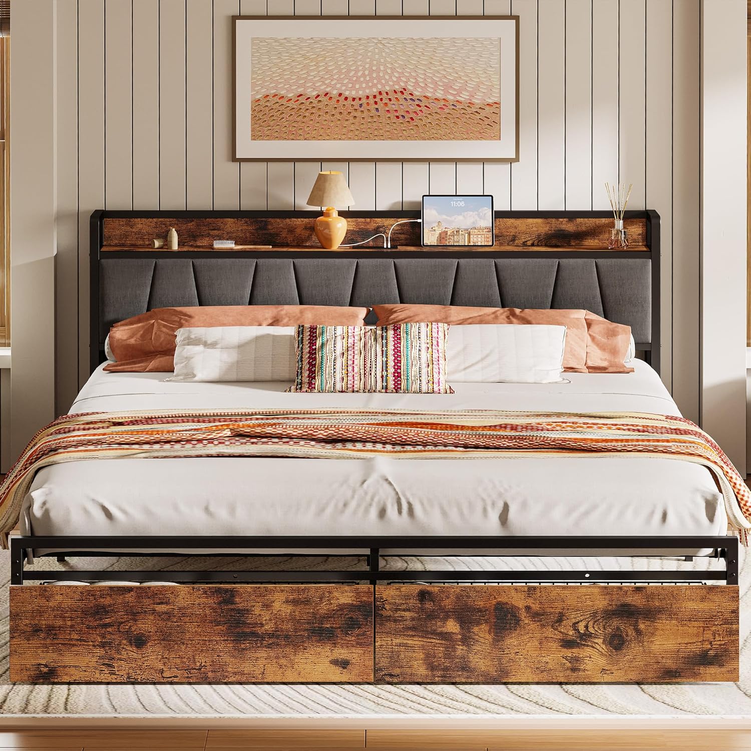 Likimio ODQKCY5VDIJRJZXN 74-in W Vintage Brown and Gray Bed Frame with Drawers and Charging Station