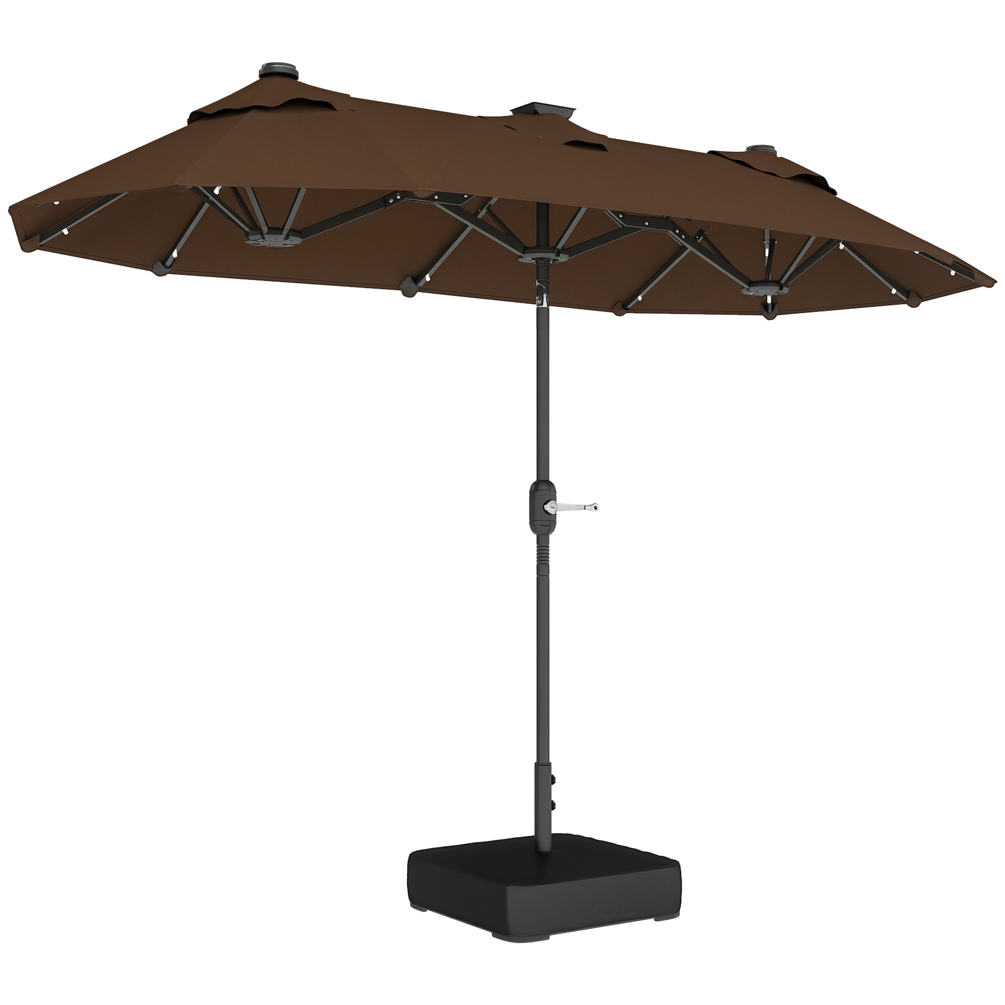 Outsunny 84D-224V80CF Double-sided Outdoor Patio Umbrella with Solar Lights and Base Dining Table Umbrella Push Button Tilt Coffee