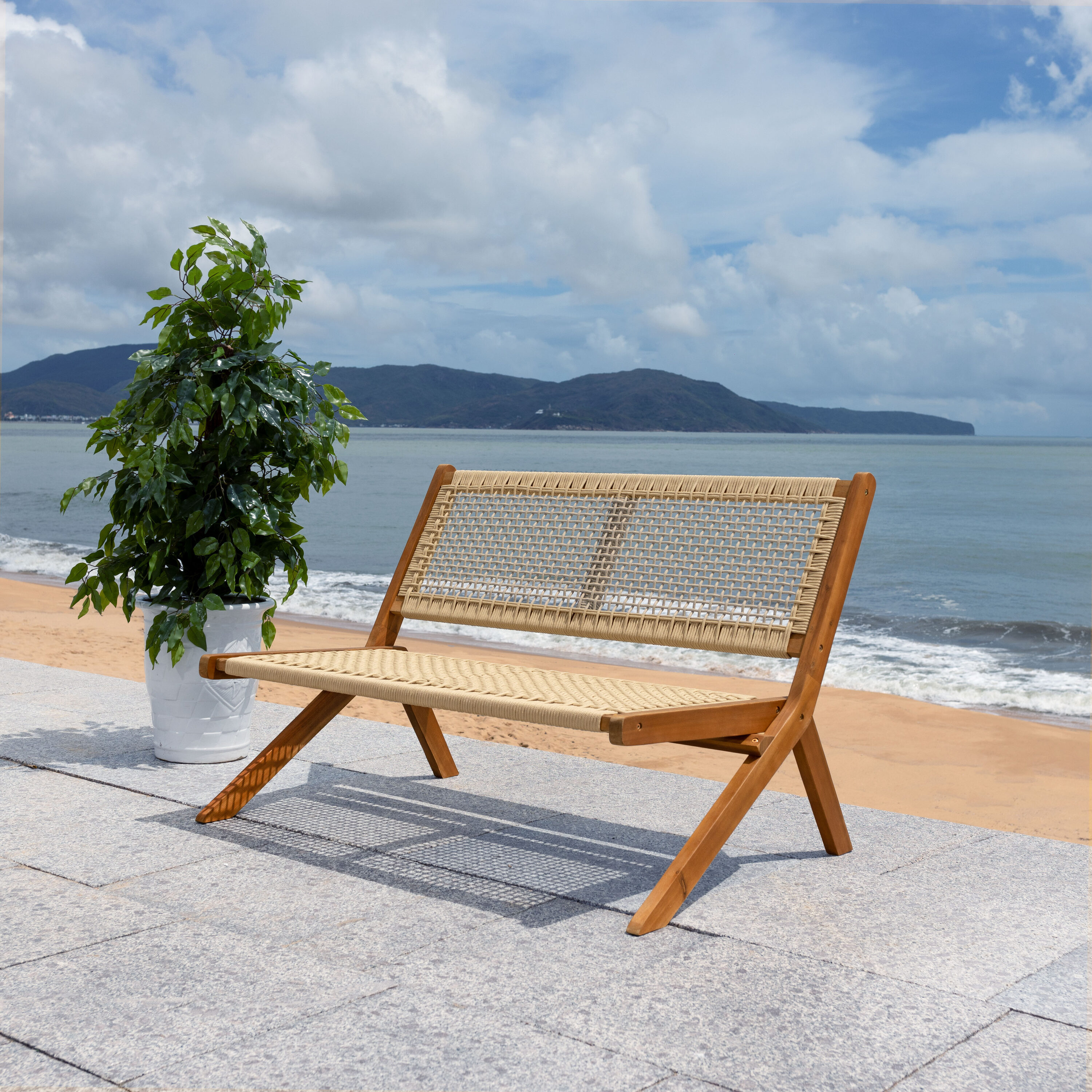 Natural Wood and Rope Folding Outdoor Bench