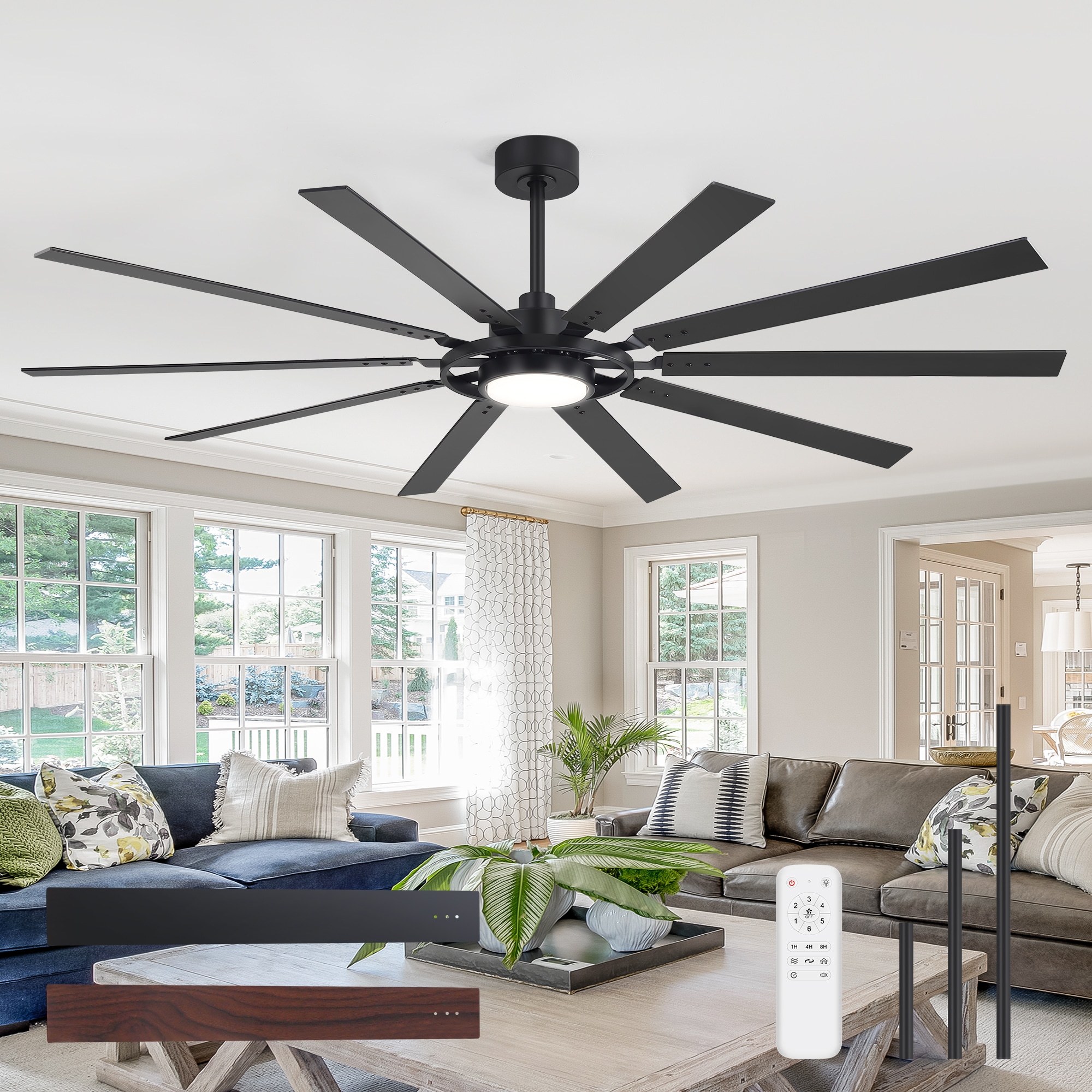 Breezary Windmill 72-in Plain Black LED Ceiling Fan With Light and Remote Control Included