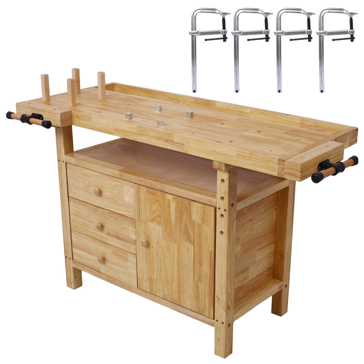 KEOKLE  Wood Workbench with Clamp Set Rubber Wood Garage Workshop Bench for Woodworking and Home Storage