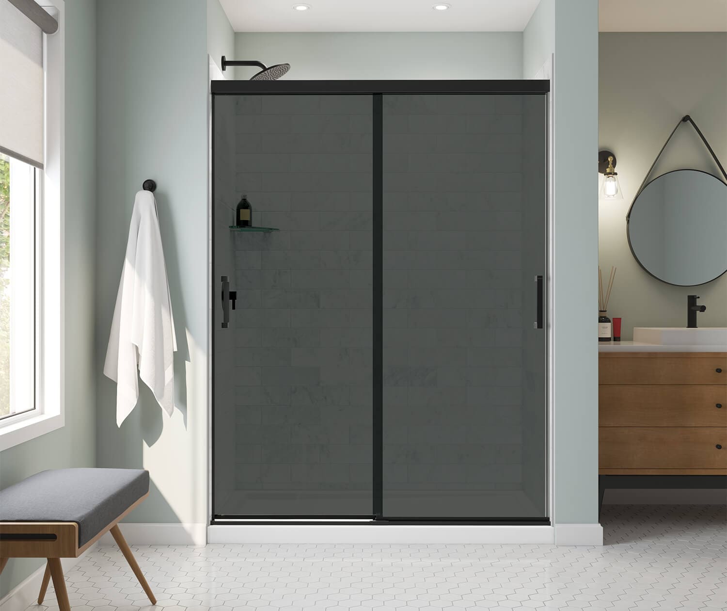 MAAX 136335-973-340-000 Incognito Black 56-in to 59-in W x 76-in H Semi-frameless Bypass Sliding Shower door 3/8-in Thick Smoke gray Glass