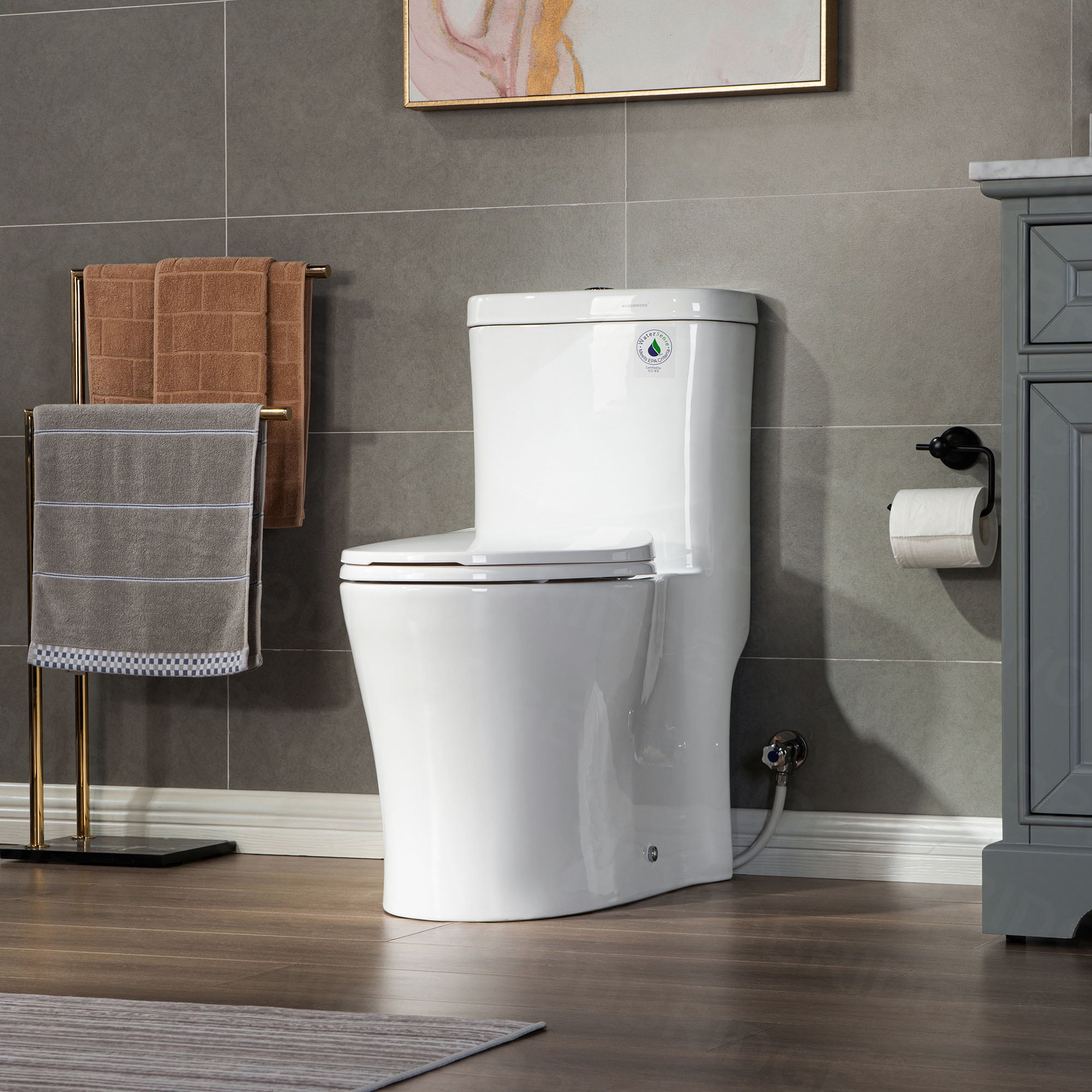 ᐅ【WOODBRIDGE Moder Design, Elongated One piece Toilet Dual flush 1.0/1.6  GPF,with Soft Closing Seat, white, T-0032-WOODBRIDGE】