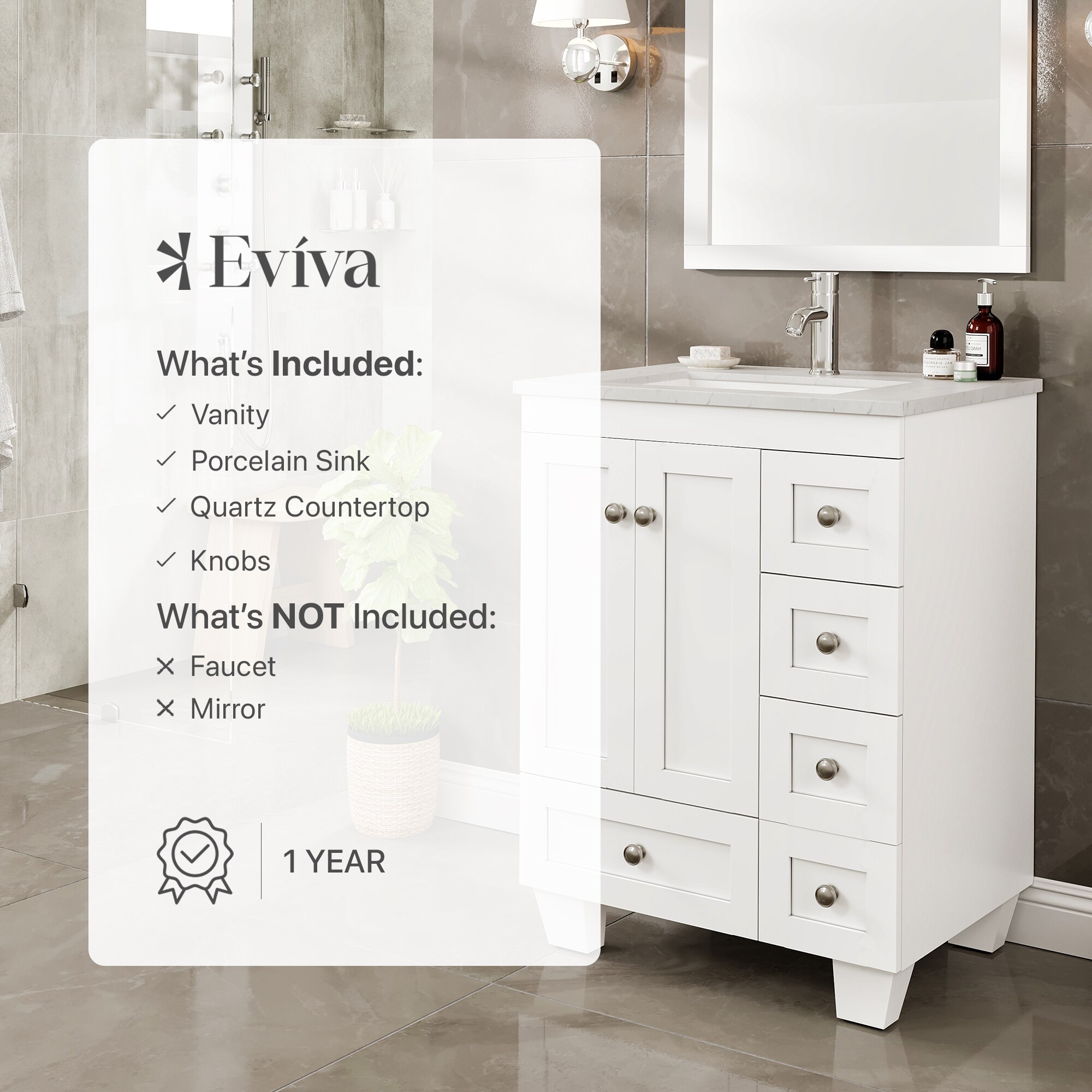 White 24" Bathroom Vanity with Carrara Quartz Top and Sink