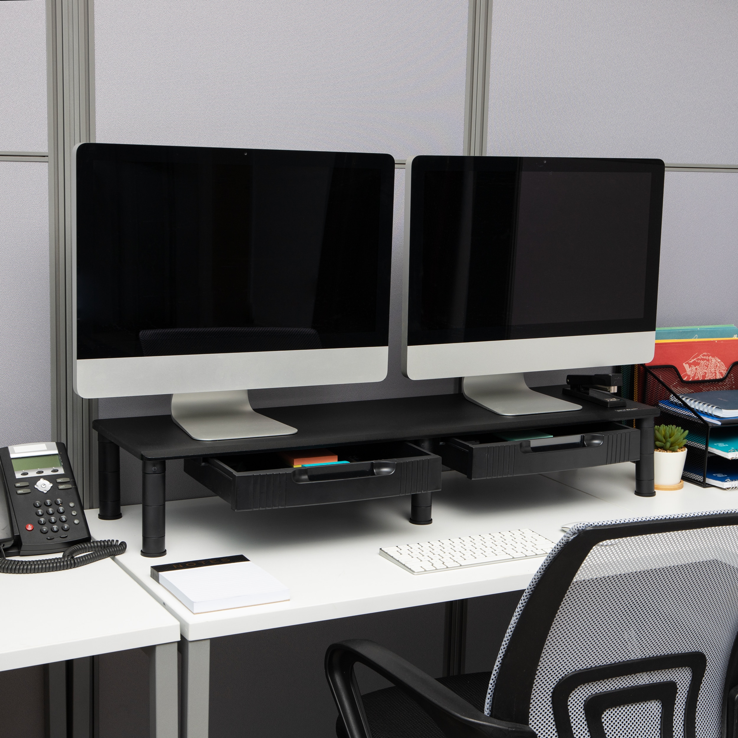 Black MDF Adjustable Dual Monitor Stand with Storage Drawers