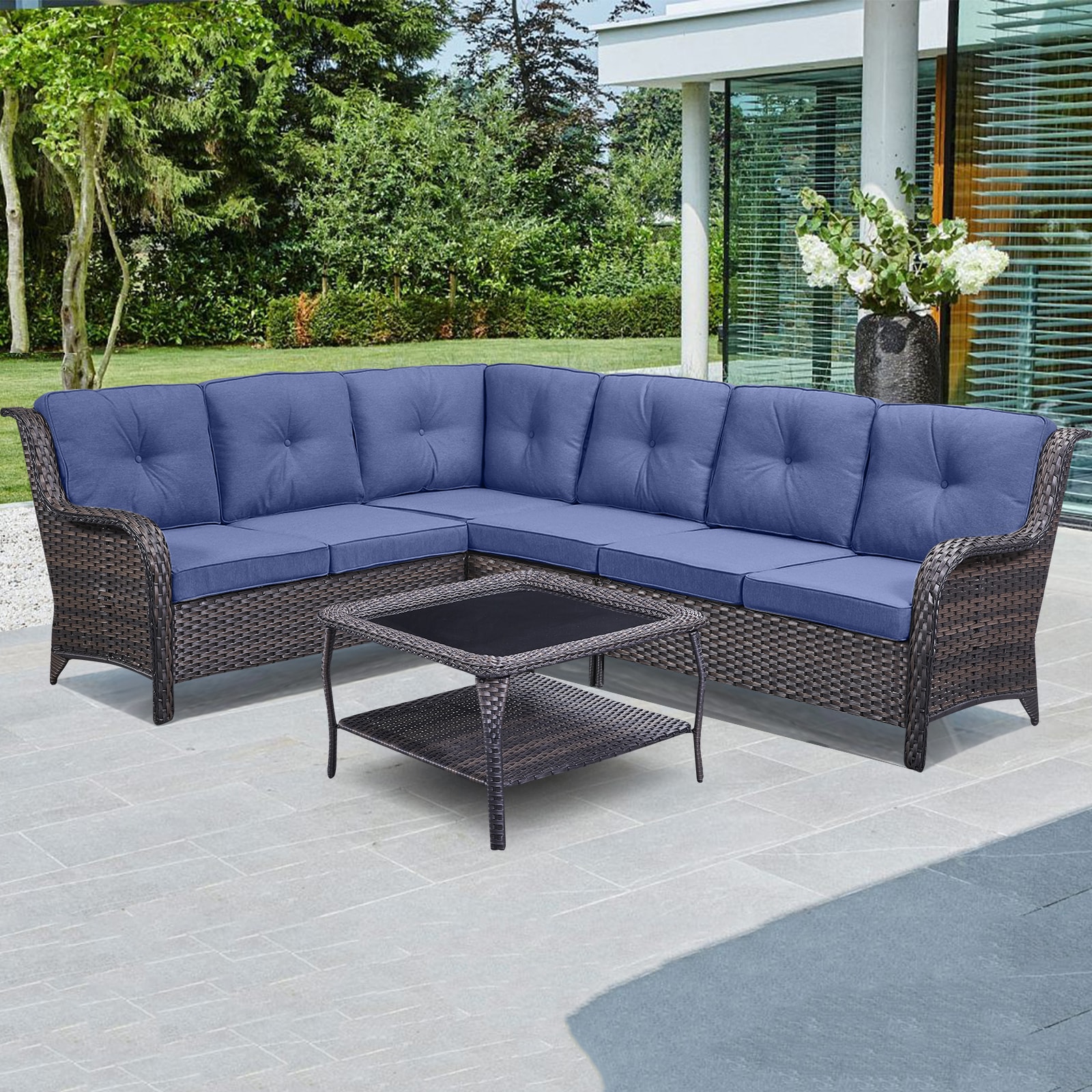 Rilyson Curved Armrest 5-Piece Wicker Patio Conversation Set With Blue ...