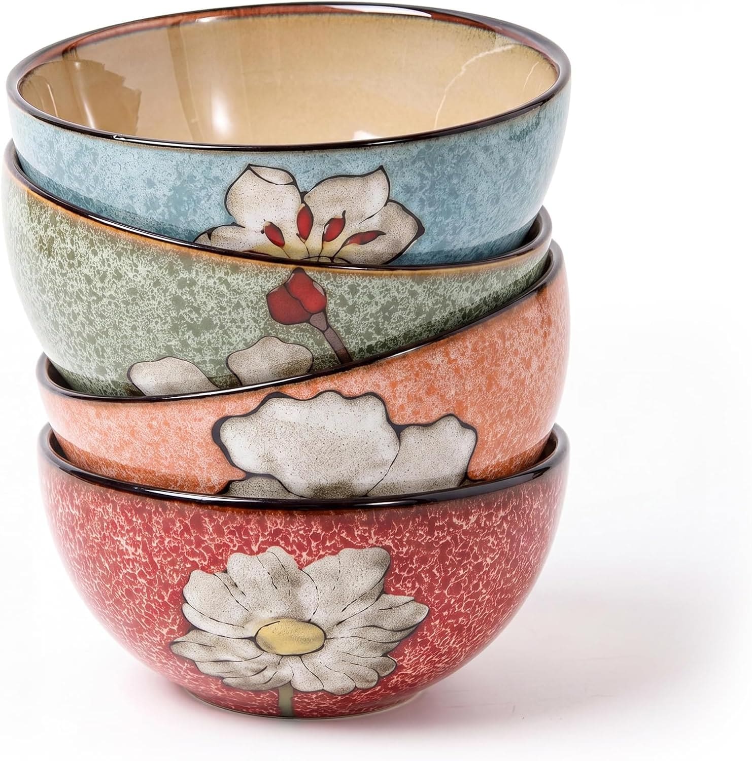 GAOMON 4 Pcs 6-in Ceramic Cereal Bowl Set with Underglaze Floral Designs