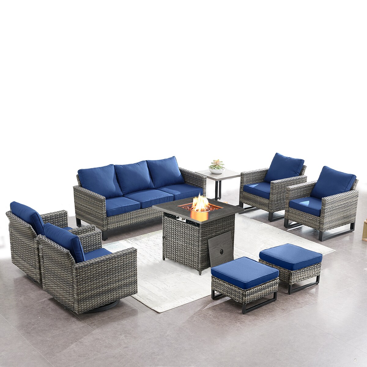 Rilyson FS062063069099070-1 9 -Piece Wicker Patio Sofa Conversation Set with Blue Cushions