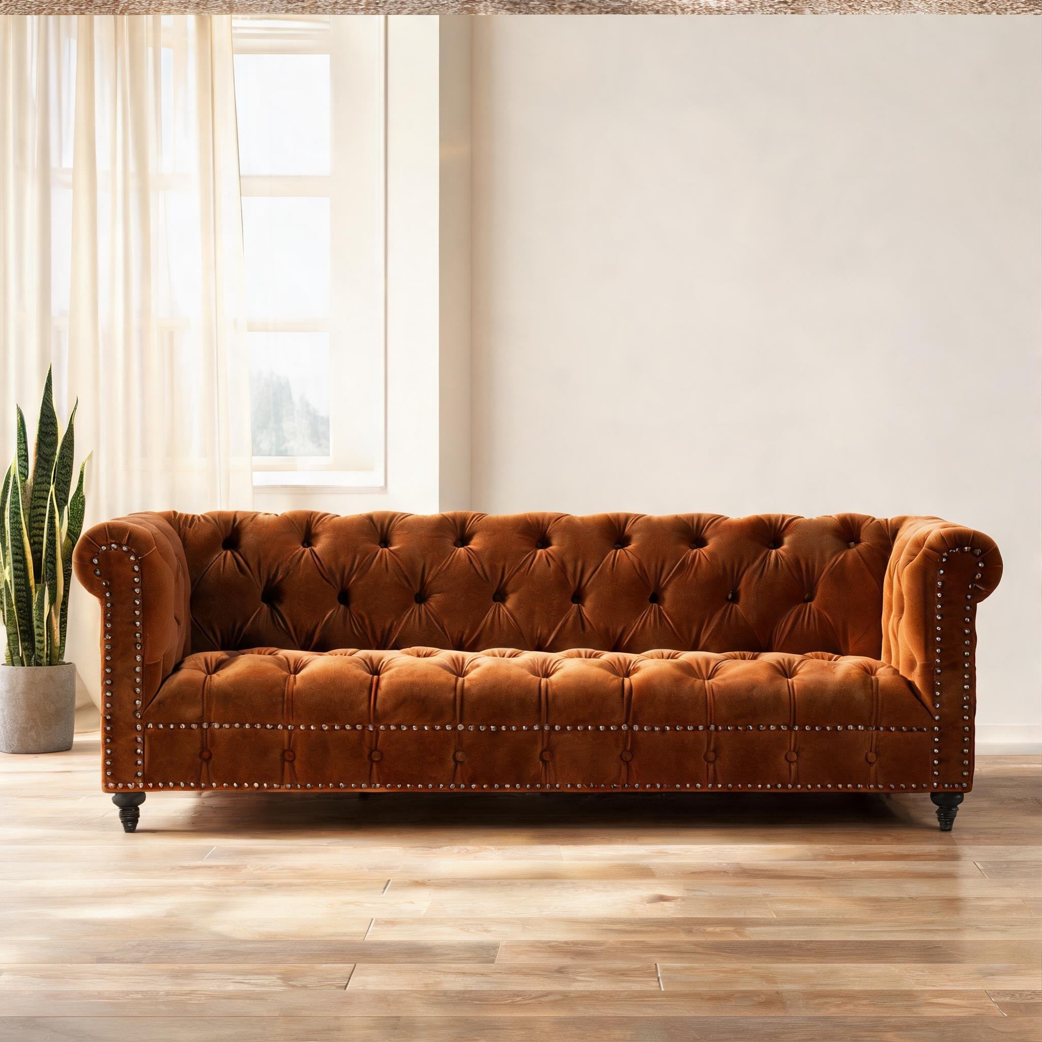 SUNCREAT - 88-Inch Chesterfield Sofa with Button Tufting in Burnt Orange Performance Velvet