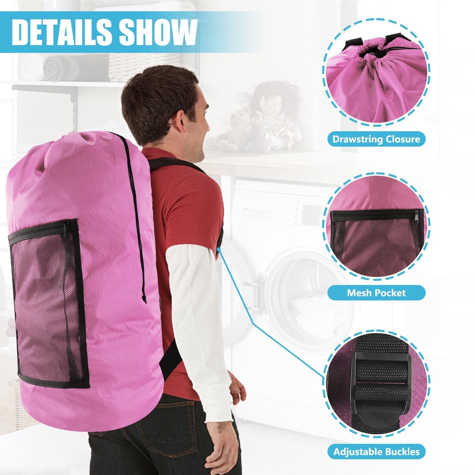 Etokfoks  2 pack extra large laundry bag backpack pink 13 in diameter x 29 in 420D oxford with mesh pocket adjustable straps