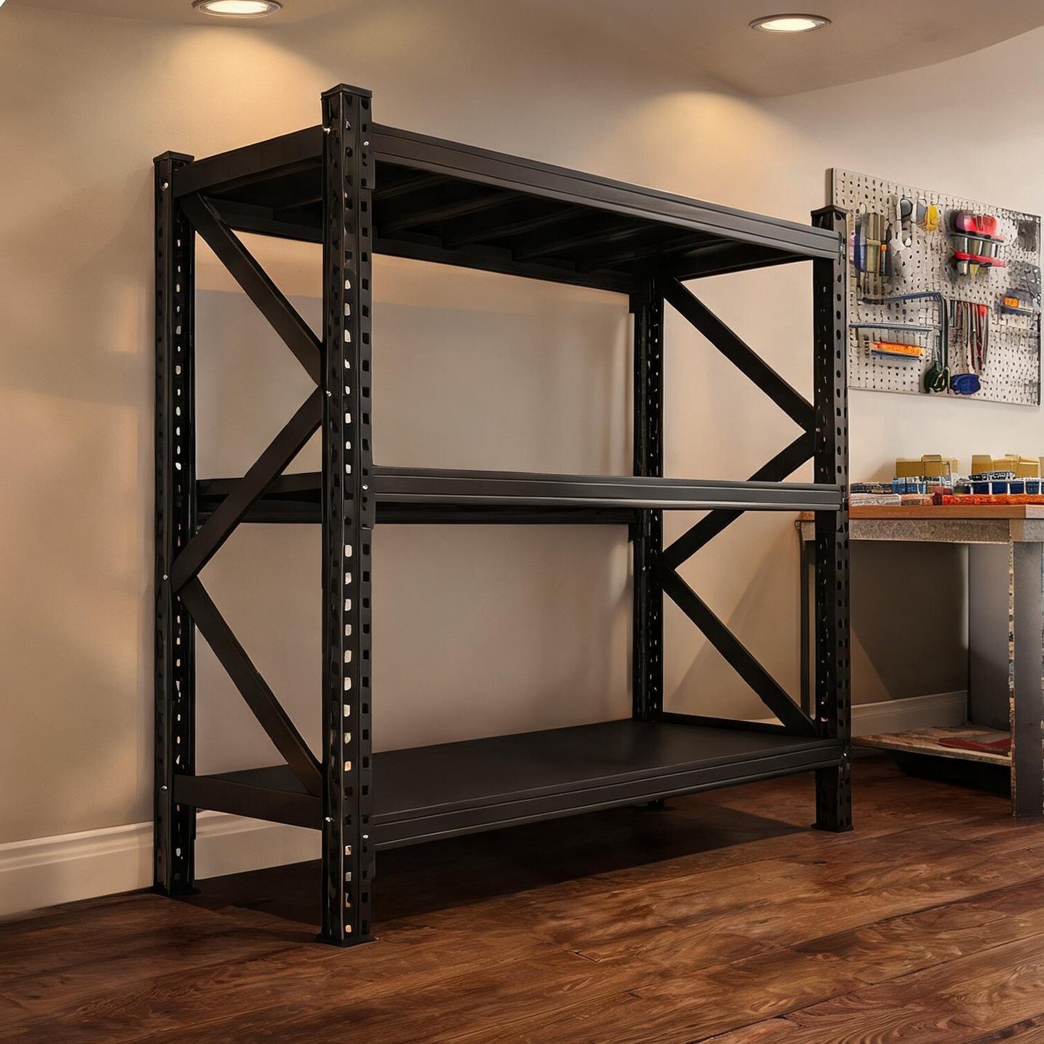 SunJet Black Freestanding 3-Tier Industrial Steel Shelving Unit 67 x 19.7 x 63 inches