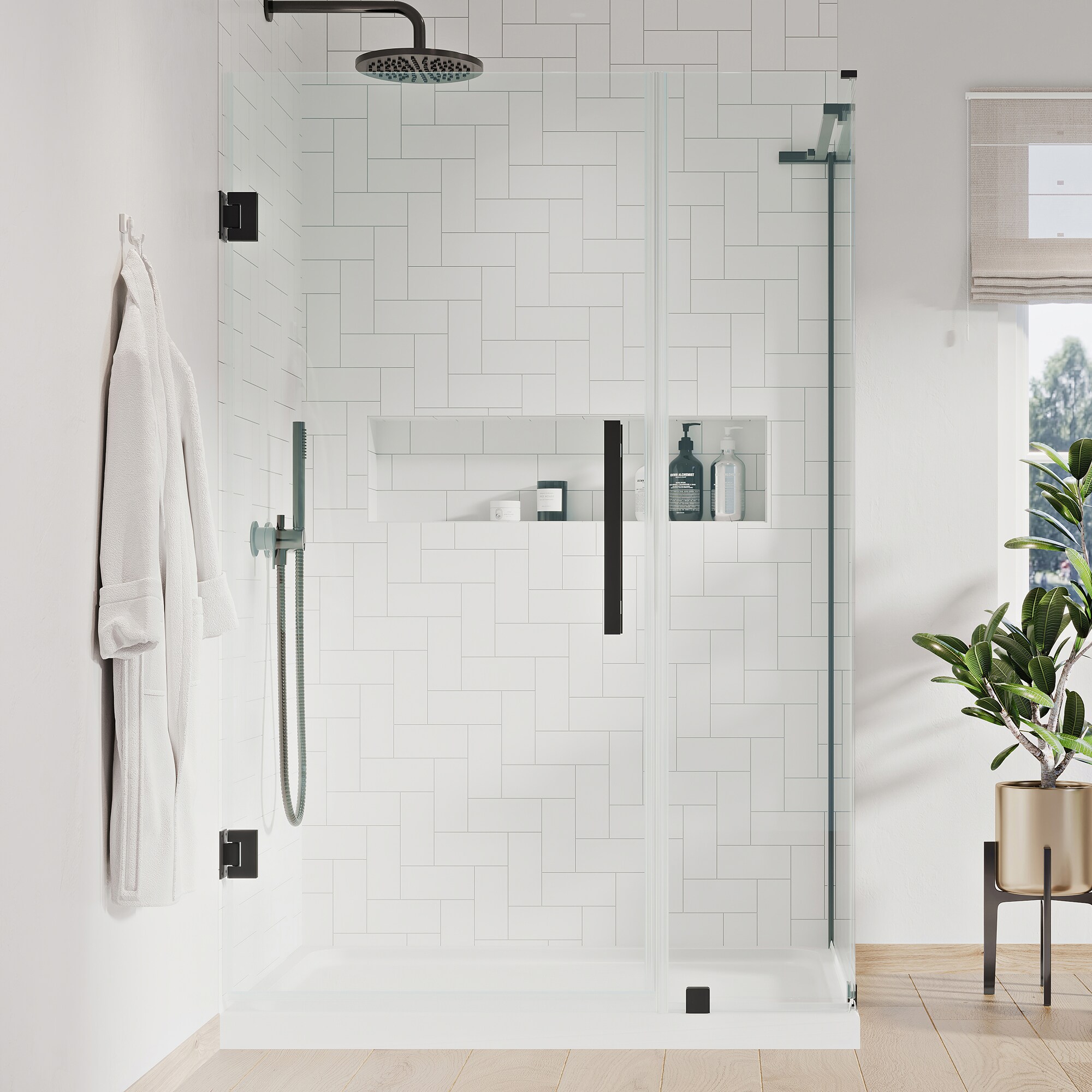 OVE Decors 828796061582 Tampa-Pro 40-in W x 36-in L x 75-in H Rectangular Corner shower kit ( Reversible Drain) Base and Door Included Satin black Hardware Included