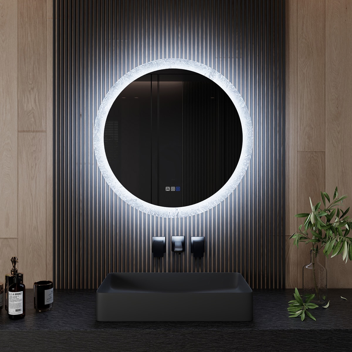 Bayfeve 30-in x 30-in Framed Round Dimmable LED Lighted Fog Free Bathroom Vanity Mirror ( White )