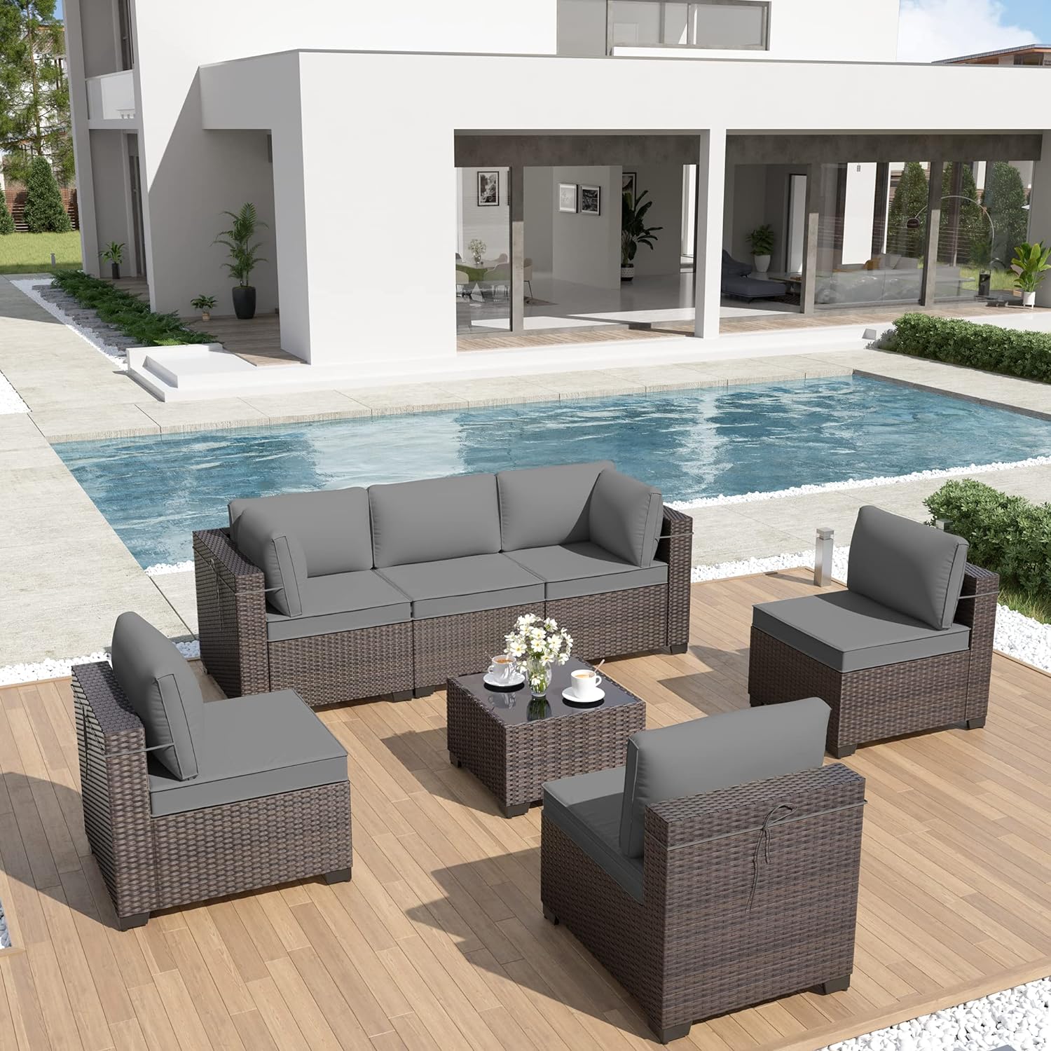 ALAULM LS-7PCS-GREY 7-Piece Rattan Patio Conversation Set with Gray Cushions