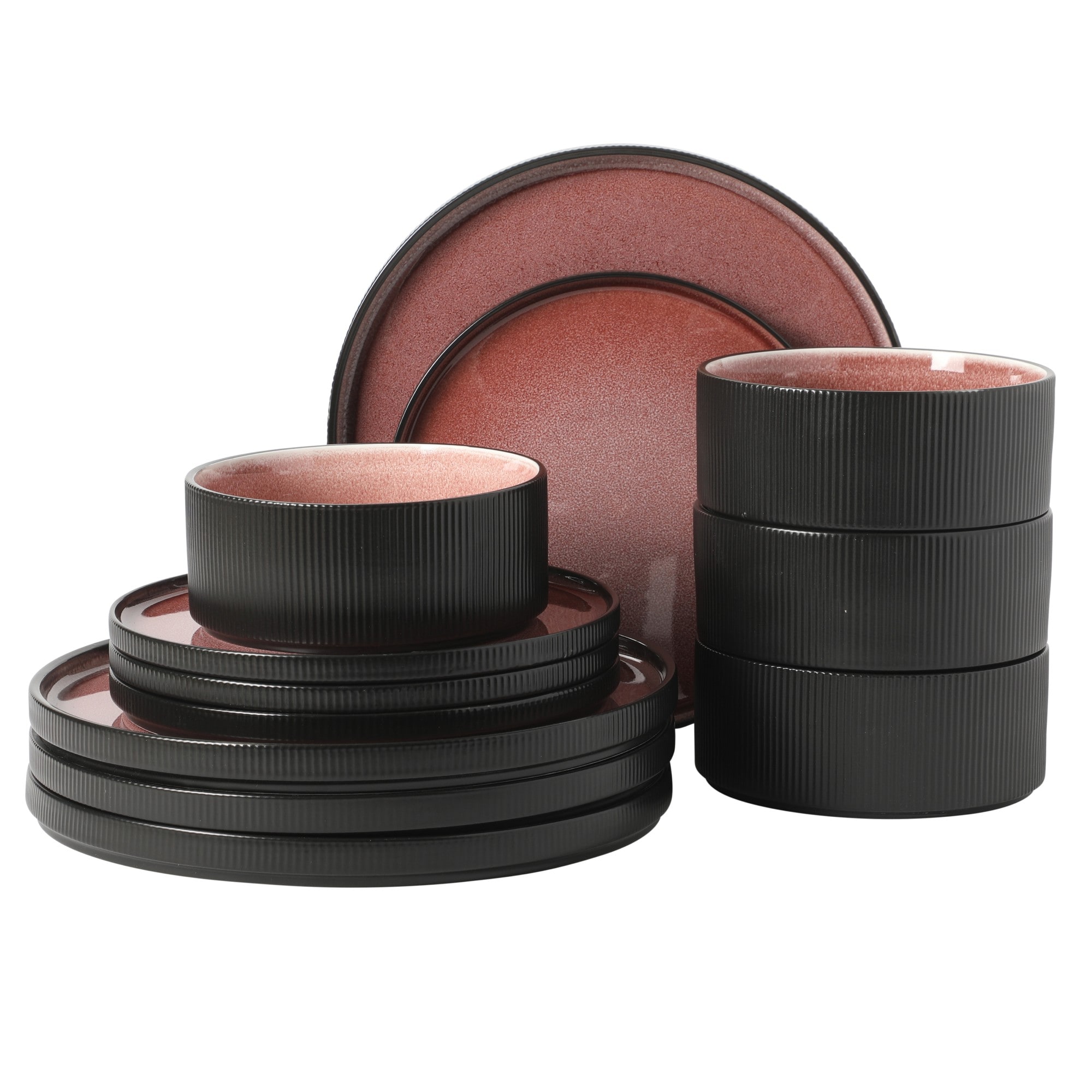 Gibson Elite  Redrock Canyon 12 Piece New Bone China Dinnerware Set Service for 4 Reactive Glaze Plates and Bowls Dishwasher and Microwave Safe Brick Red