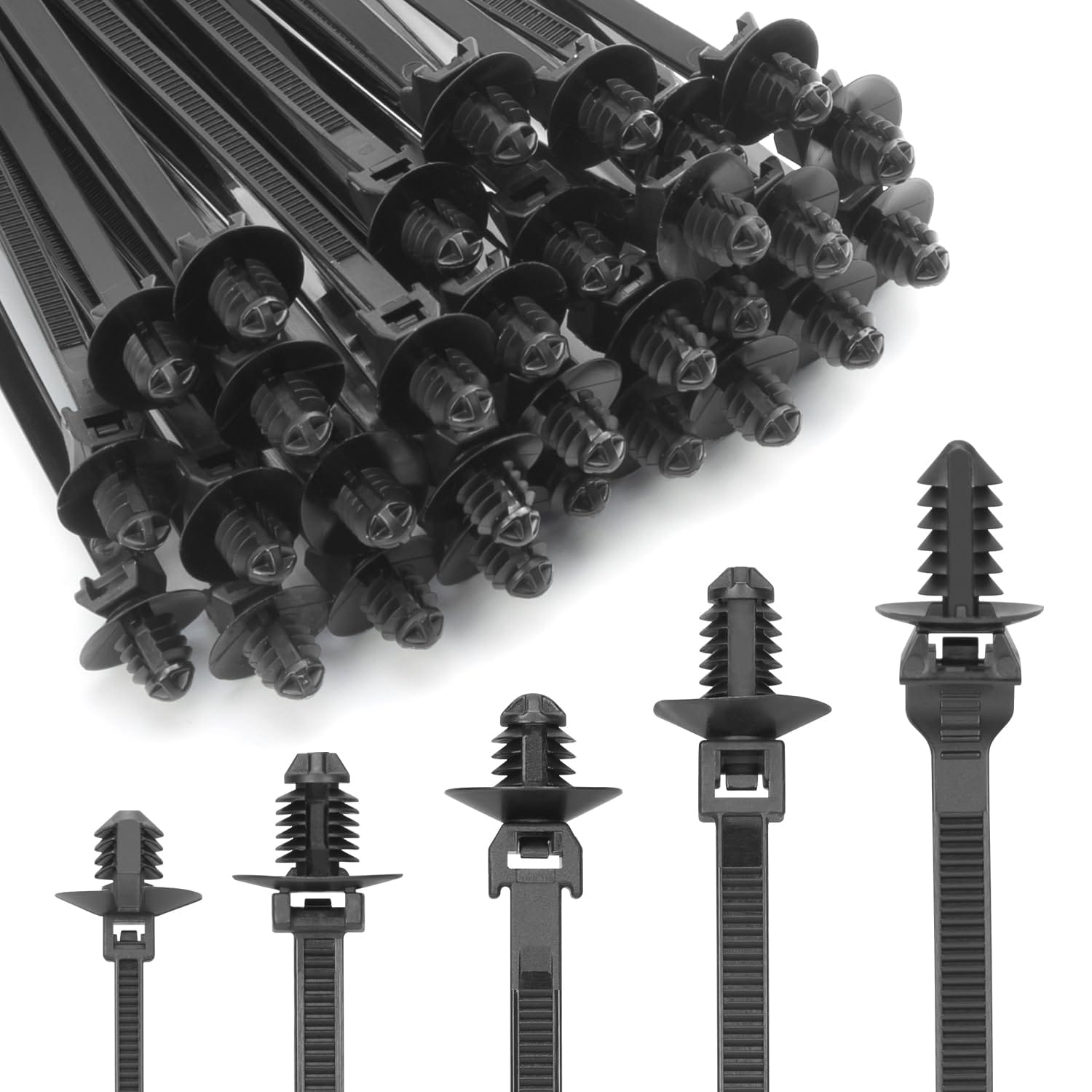 XINGO 150 PCS Push Mount Zip Ties 5 Types Nylon Car Mount Wire Tie Snap in Cable Zip Ties Black Push Mount Cable Ties Automotive Zips Tie Fastener Wire Harness Clips for Wire Tying #B0F3883QT1