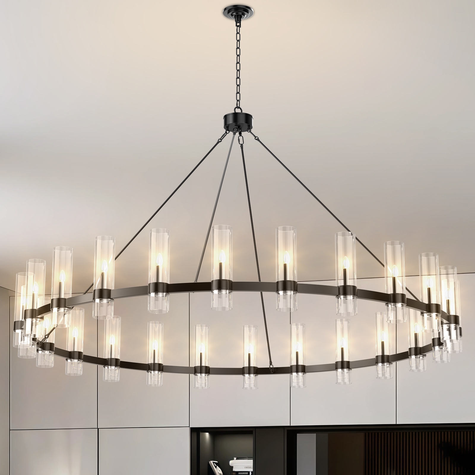 xersbav Industrial Wheel Chandelier Glass Farmhouse Chandeliers Black Metal Circular Chandelier 24 Light Wagon Wheel Height Adjustable for Dining Room Living Room Staircase Foyer #LLSS-A-41-24