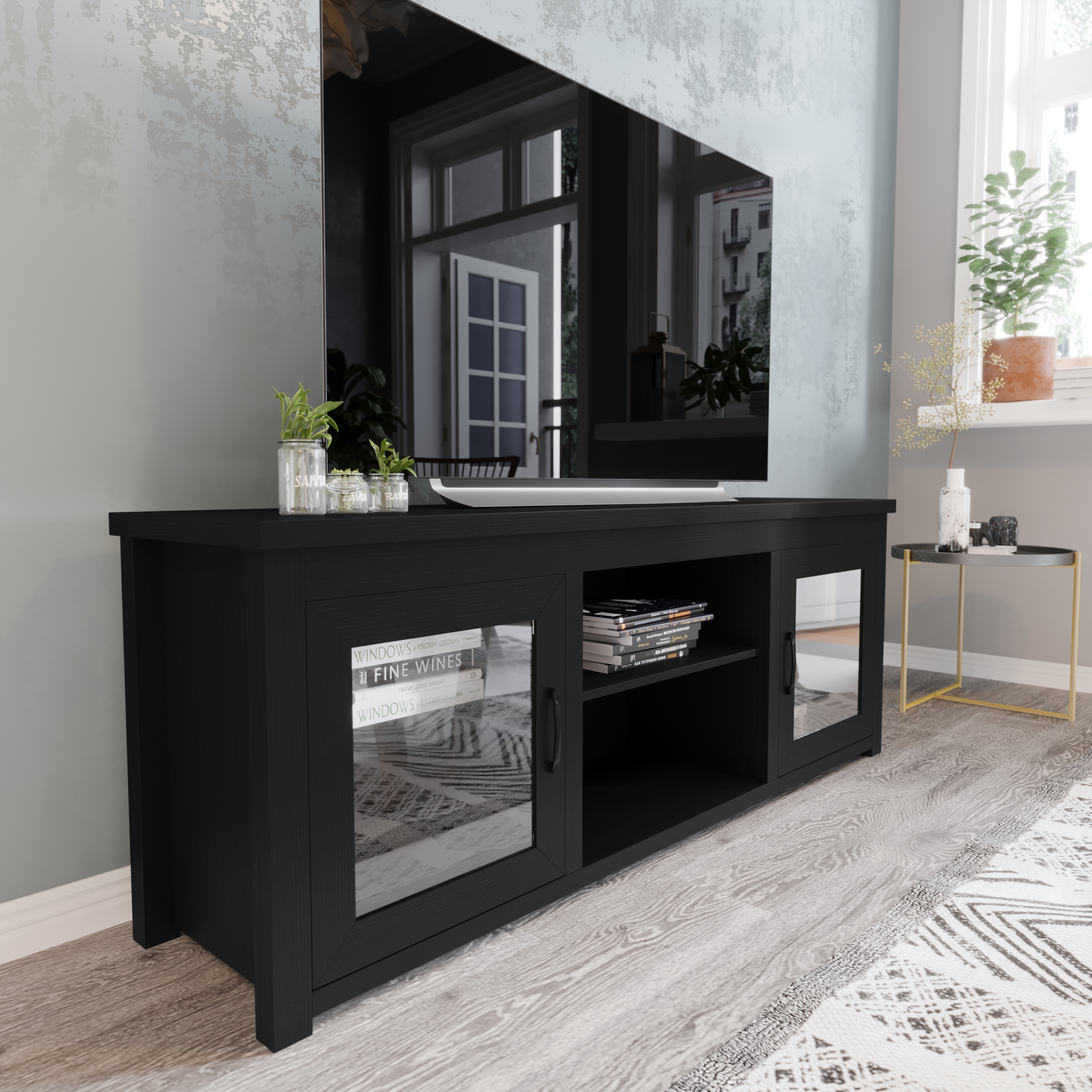 Flash Furniture 196861167720 Sheffield Classic TV Stand for up to 80-in TVs - Modern Black Finish with Full Glass Doors - 65-in Engineered Wood Frame - 3 Shelves
