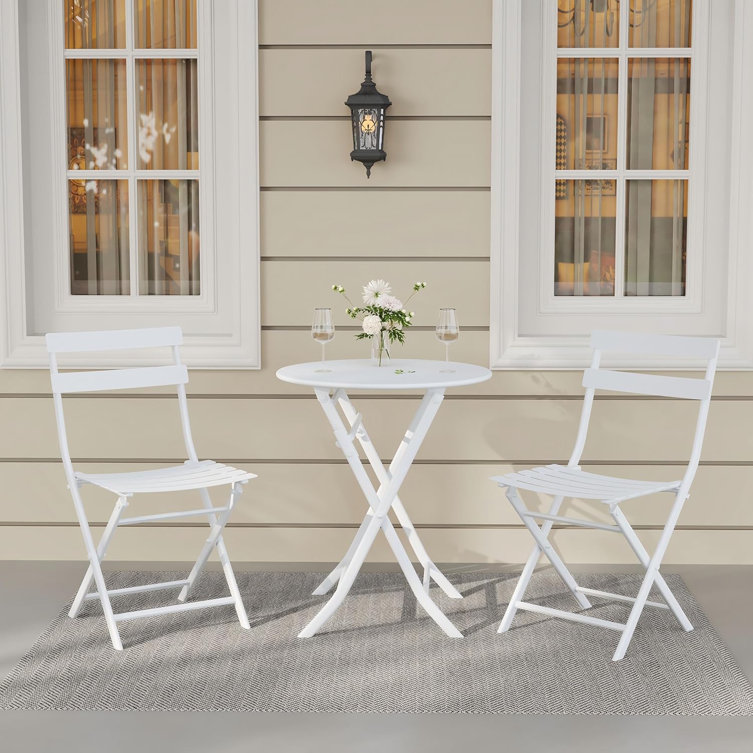 Qeetex LHF-HW-PPG-3339MYGW 3 Pieces Patio Bistro Set for Outdoor Bistro Table and Chairs Set of 2 Waterproof Folding Coffee Table and Chairs Sets Foldable Small Patio Furniture Set for Porch/Lawn/Balcony/Apartments (White)