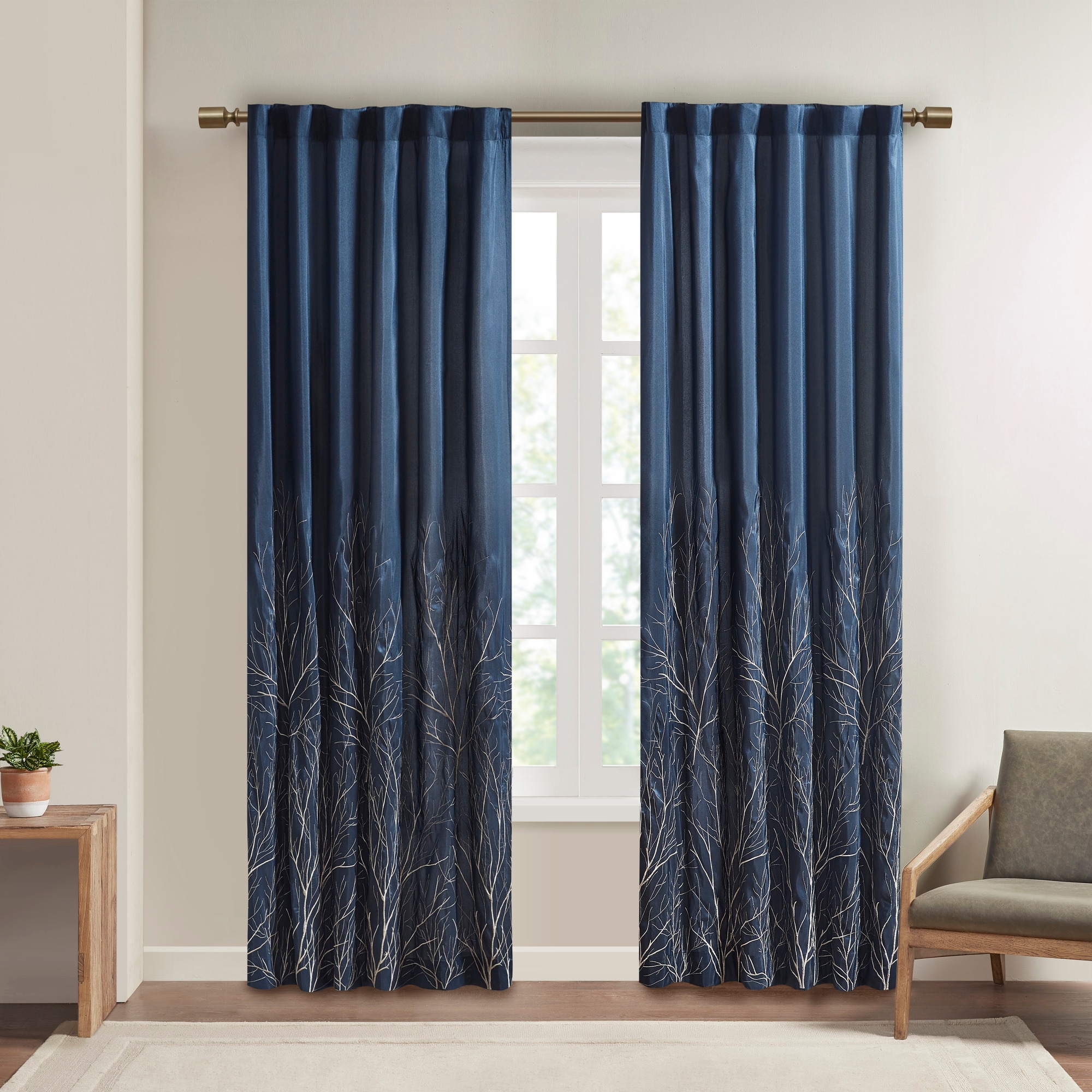 Madison Park MP40-1782 95-Inches Navy Floral Interlined Rod pocket Single curtain panel
