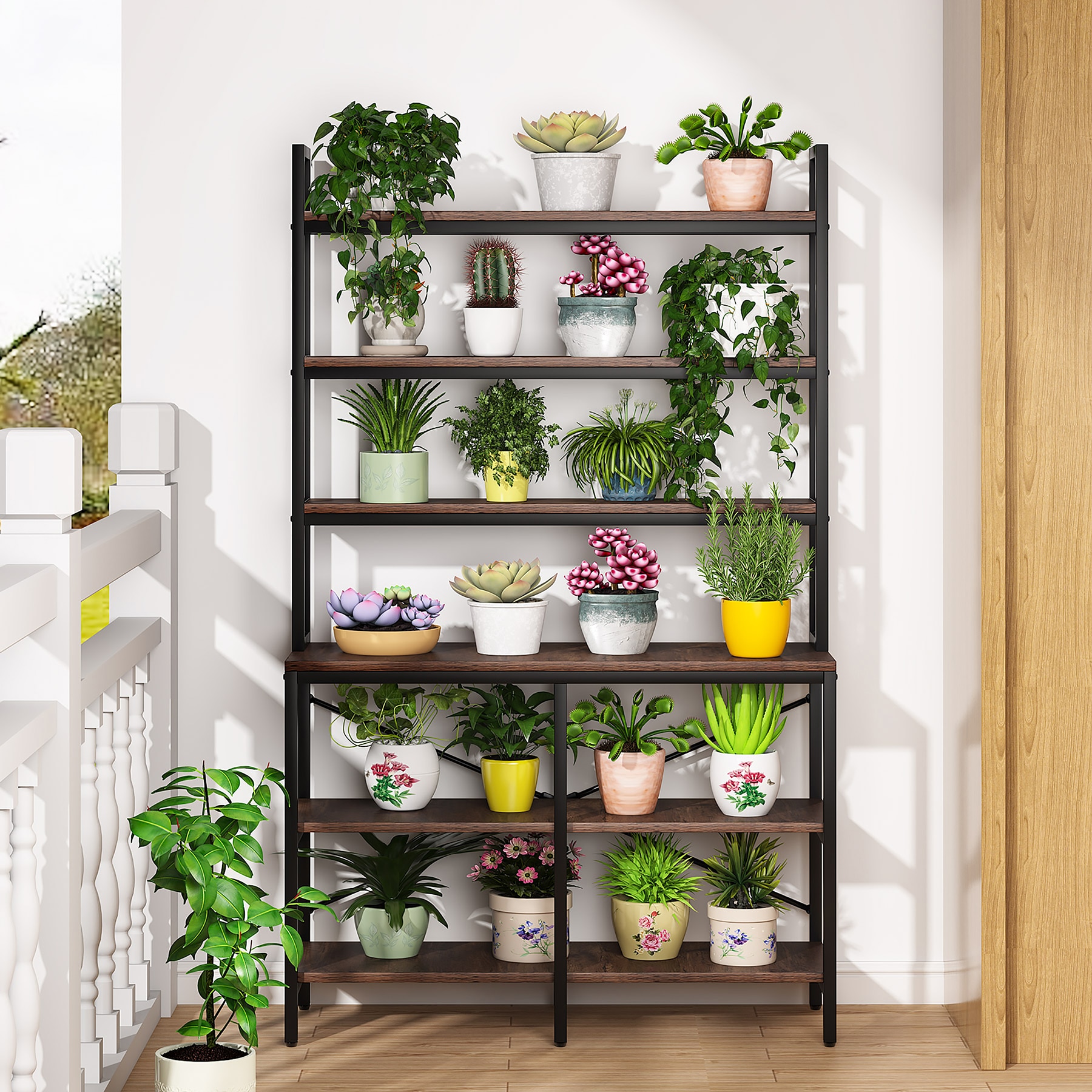 Rustic Brown 6-Tier Industrial Bookshelf with Metal Frame