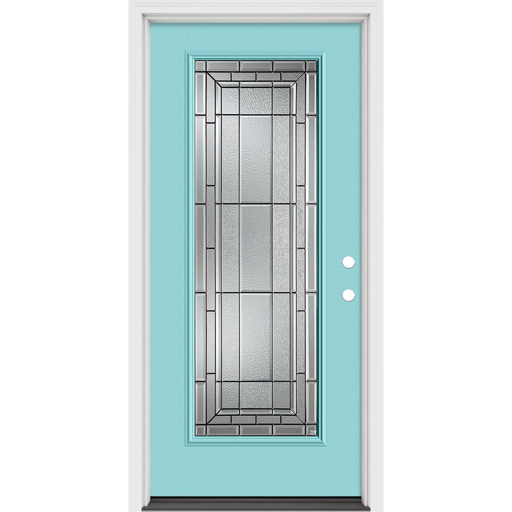 Masonite 631288 Sequence 36-in x 80-in x 4-9/16-in Fiberglass Full lite Left-hand inswing Caribbean Blue Painted Prehung Front Door with Brickmould Insulating core