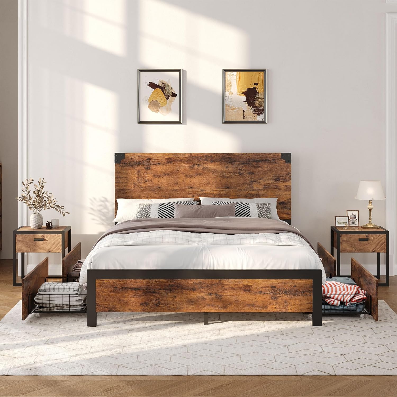 Qeetex DHZ-PHO-0V1Q65AS Full Size Bed Frame with Storage DrawersHeavy Duty Metal Platform with Wooden Headboard No Box Spring Needed Vintage Brown Easy Assembly