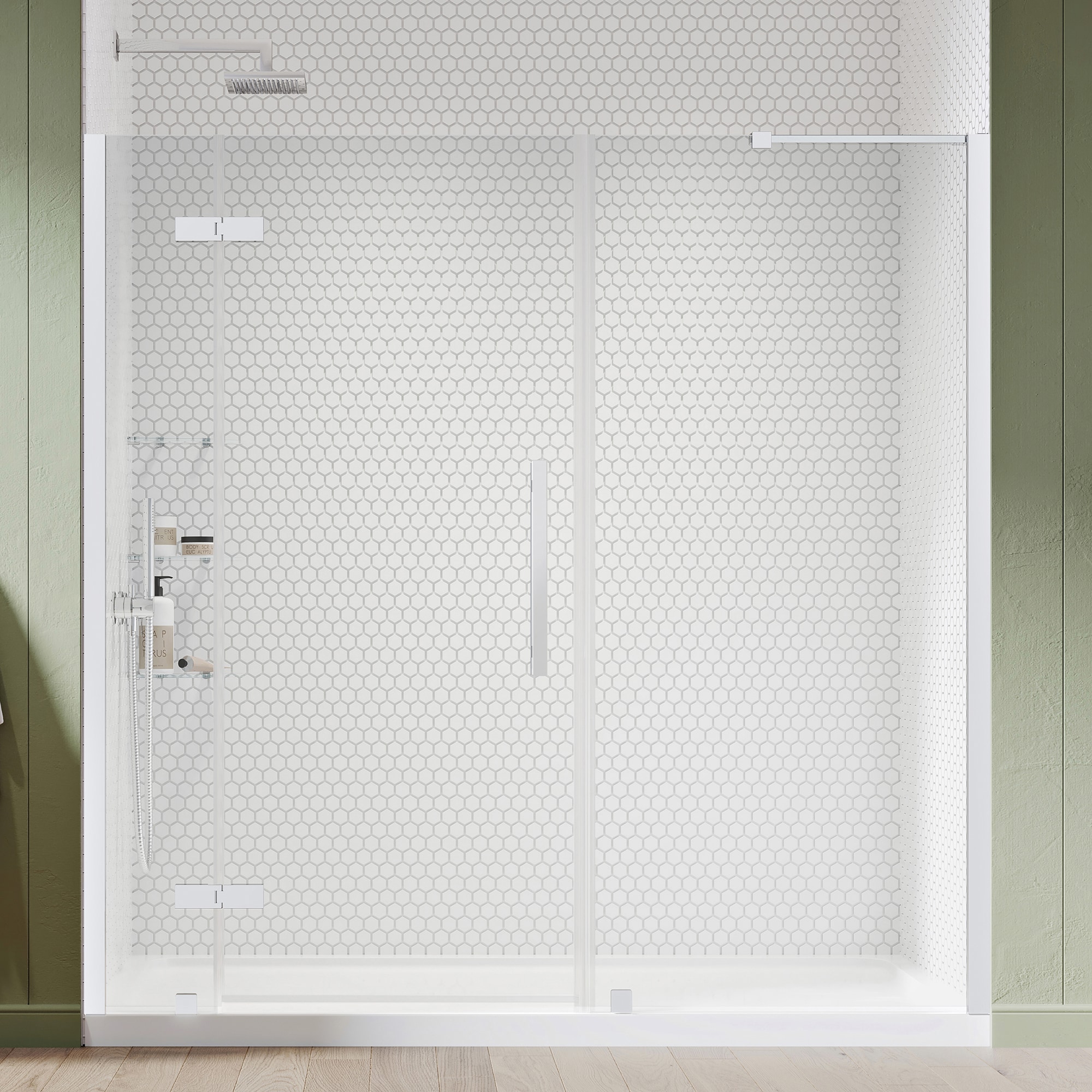 Pasadena 36'' Satin Nickel Frameless Corner Shower Kit with Shelves