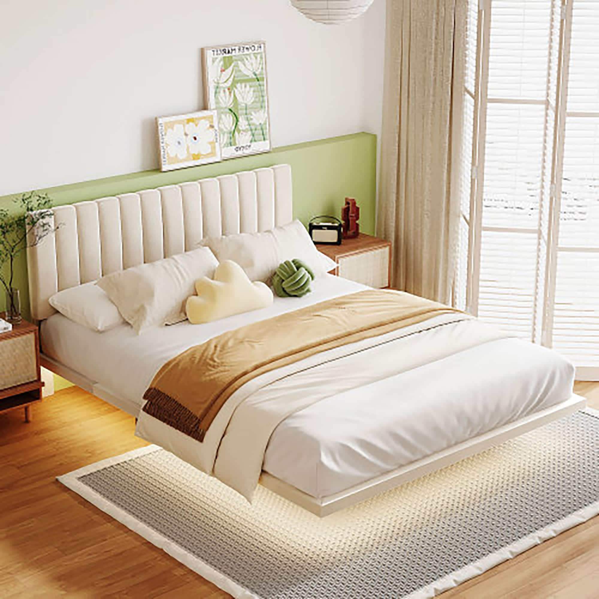 GZMR GZ-LW5618A Queen Size Upholstered Bed Beige Queen Wood Upholstered Bed