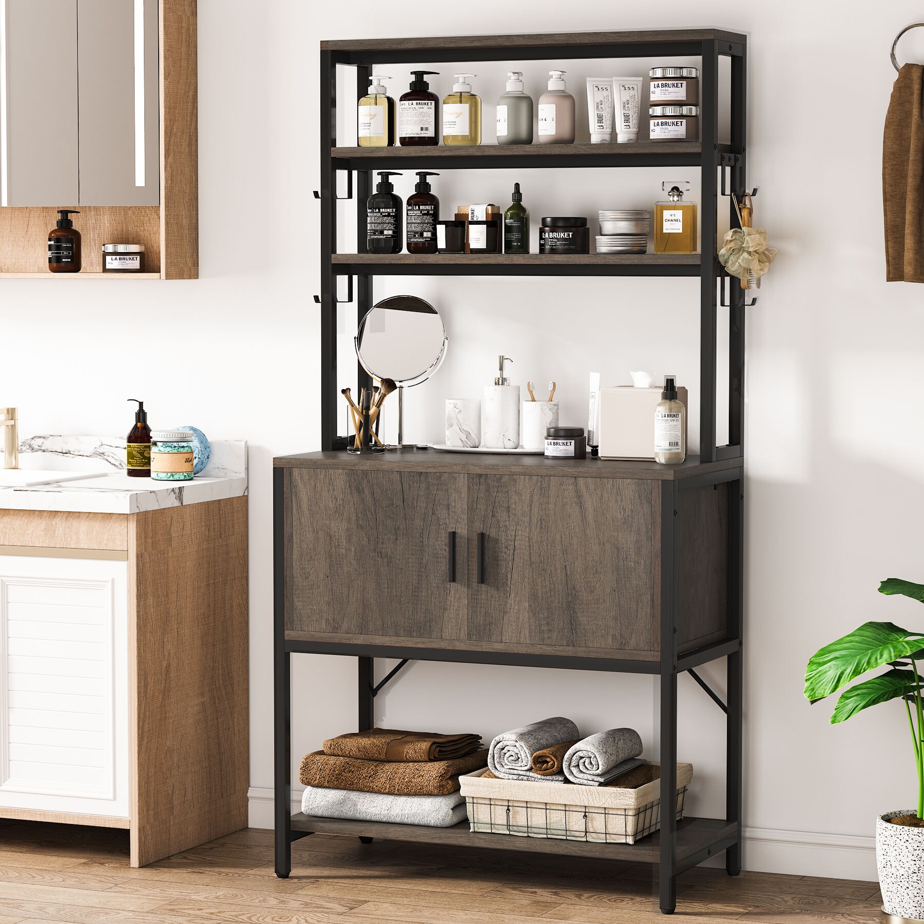 Tribesigns Kitchen Bakers Rack, 5 Tier Kitchen Utility Storage Shelf with  Mesh Metal Cabinet and 8 Hooks, Microwave Oven Stand Rack, Free Standing Kitchen  Shelf Kitchen Pantry Cabinets, Brown in the Dining