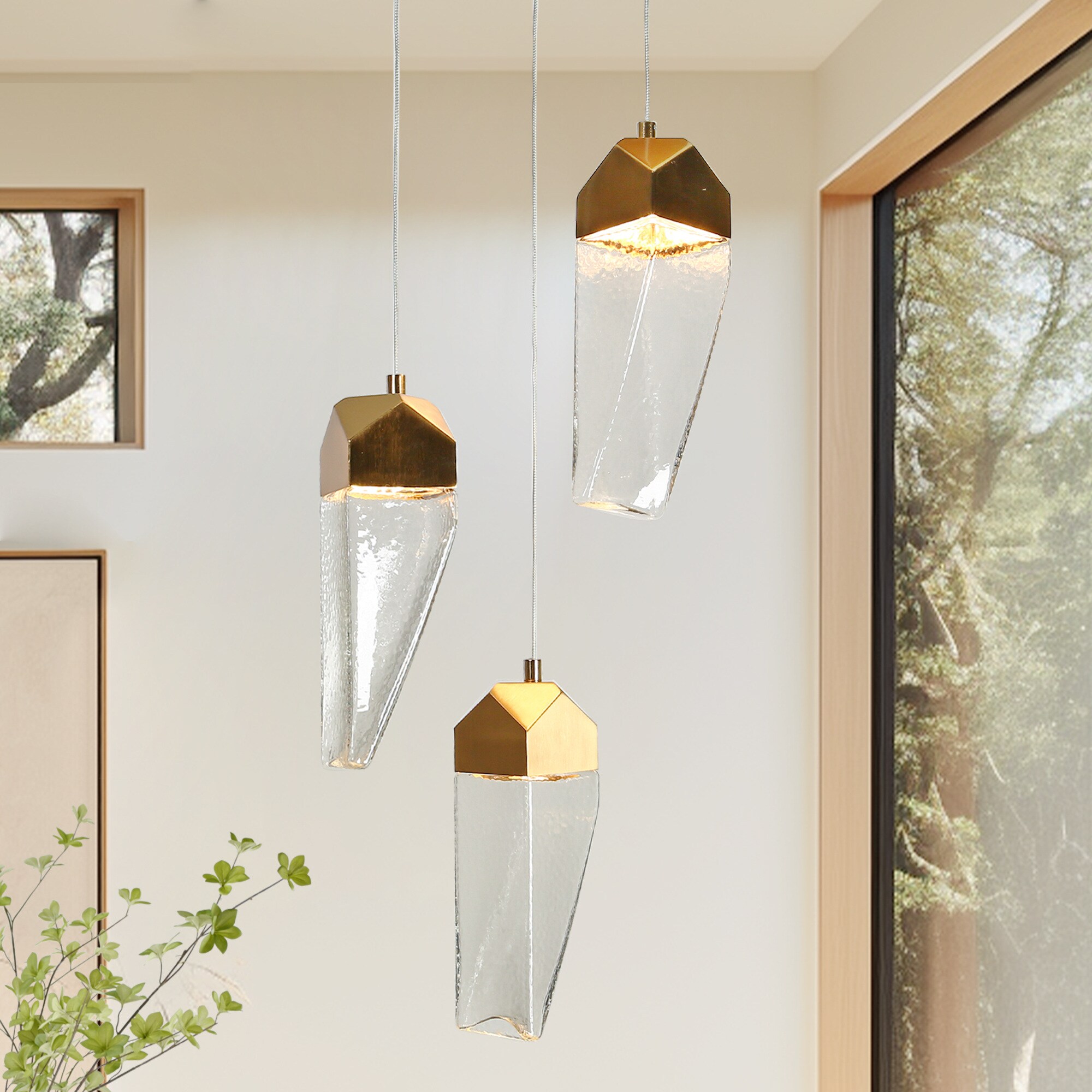Polished Gold Brass and Crystal 3-Light LED Pendant Chandelier