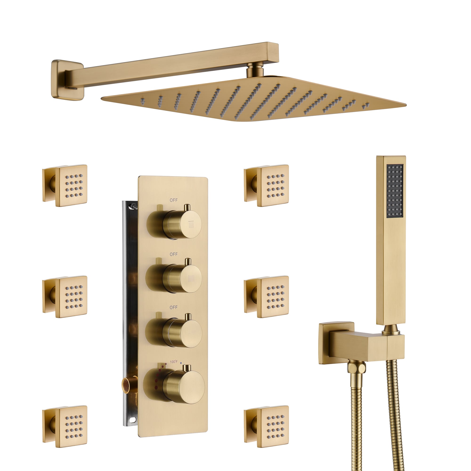 Mondawe WF6310-12BG-WM Brushed Gold 12-in Built-In Shower Faucet System with 3-way Diverter ( Thermostatic Valve Included )