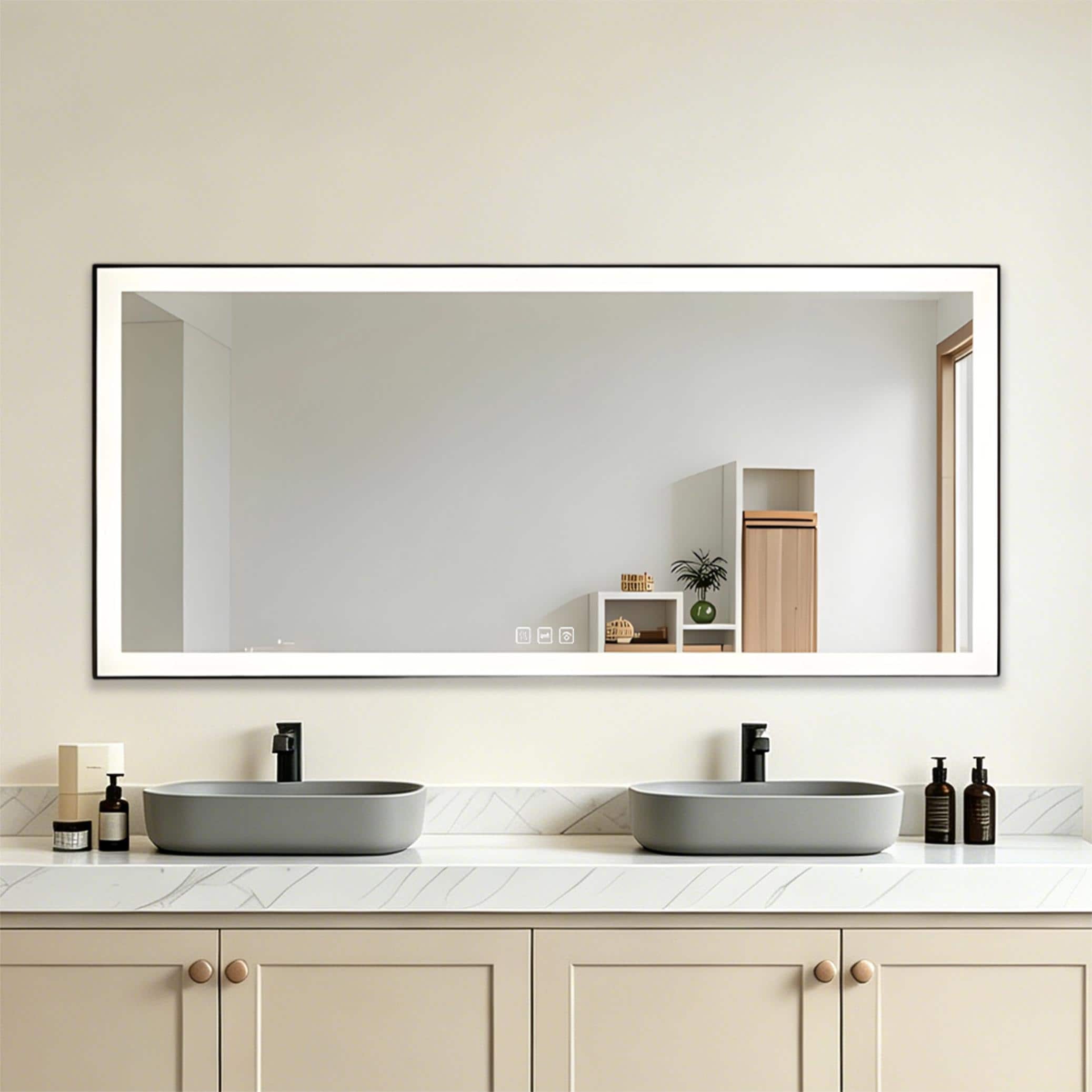 ONWITH Dimmable Anti-Fog Backlit LED Bathroom Mirror 55-in W x 30-in H Aluminum Black Frame Rectangular Wall Mounted Vanity