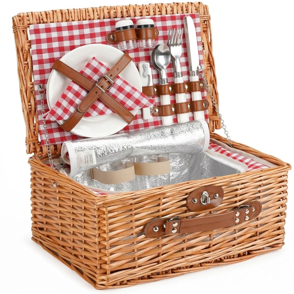 Etokfoks  2 Piece Red Check Willow Wicker Picnic Basket Set with Insulated Compartment and Utensils for Outdoor Use