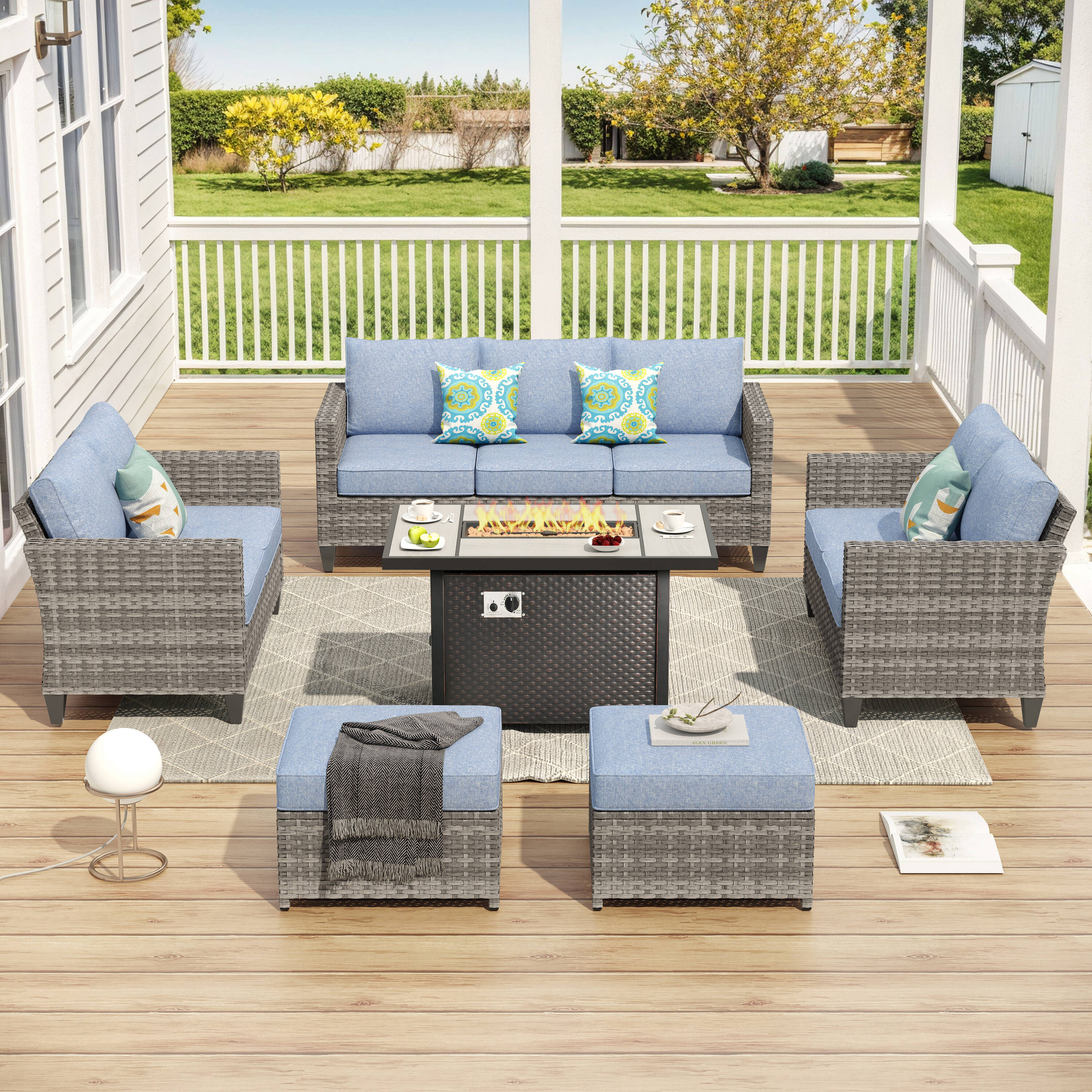 Pouuin SDFPVYZBS509 6 -Piece Wicker Patio Sofa Conversation Set with Light Blue Cushions