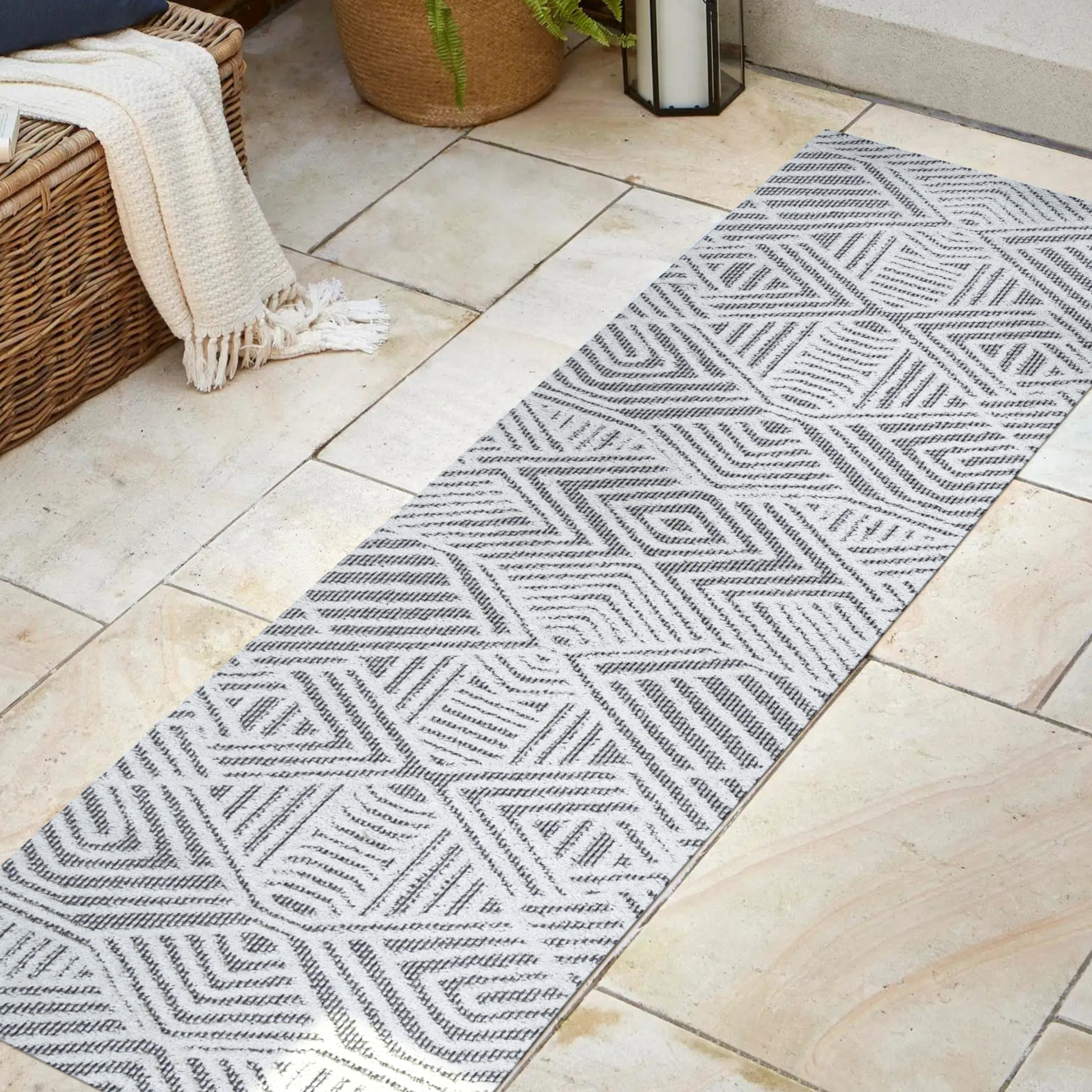 Ivory and Black Geometric High-Low Pile Runner Rug