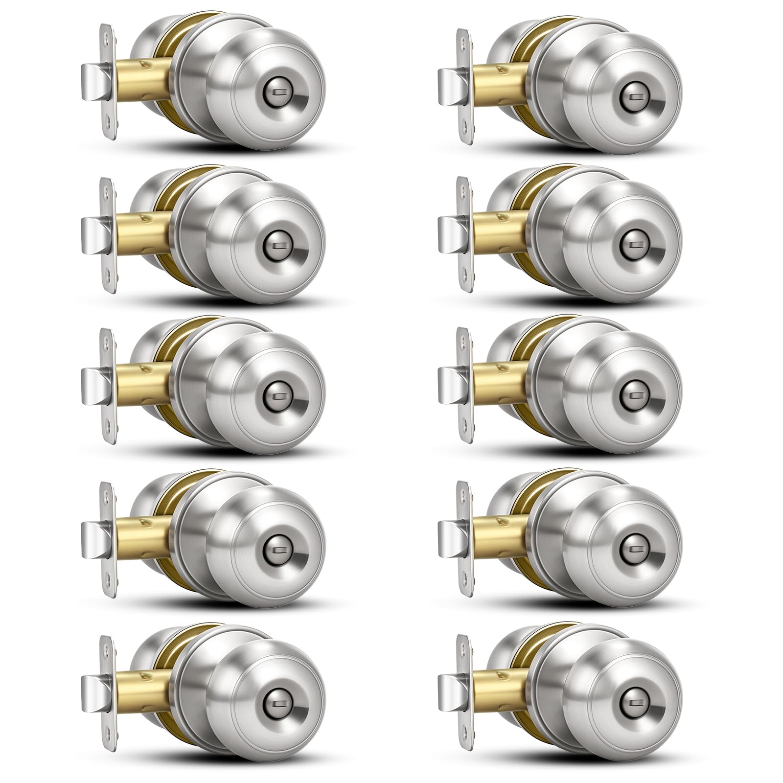 Ahfiwaso  10 Pack Brushed Nickel Privacy Door Knobs Keyless Interior Lockset for Bedroom Bathroom Reversible Handles Fits Left or Right Doors