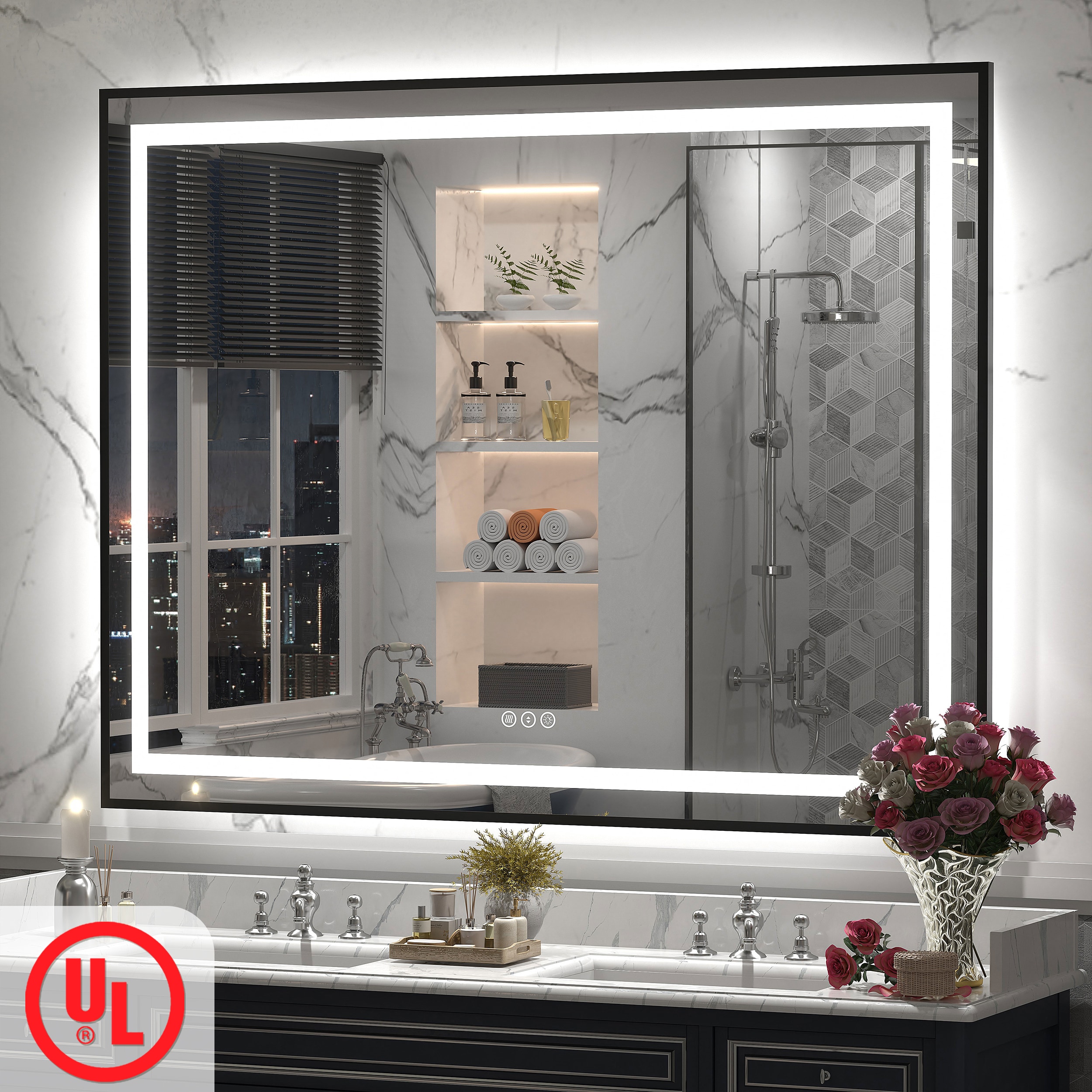 Apmir 51-in W x 40-in H UL Certified Black Aluminum Frame Front and Back LED Anti-Fog Stepless Dimmable 3-Color Lighting 3-Year Warranty Tempered Glass Bathroom Vanity Mirror