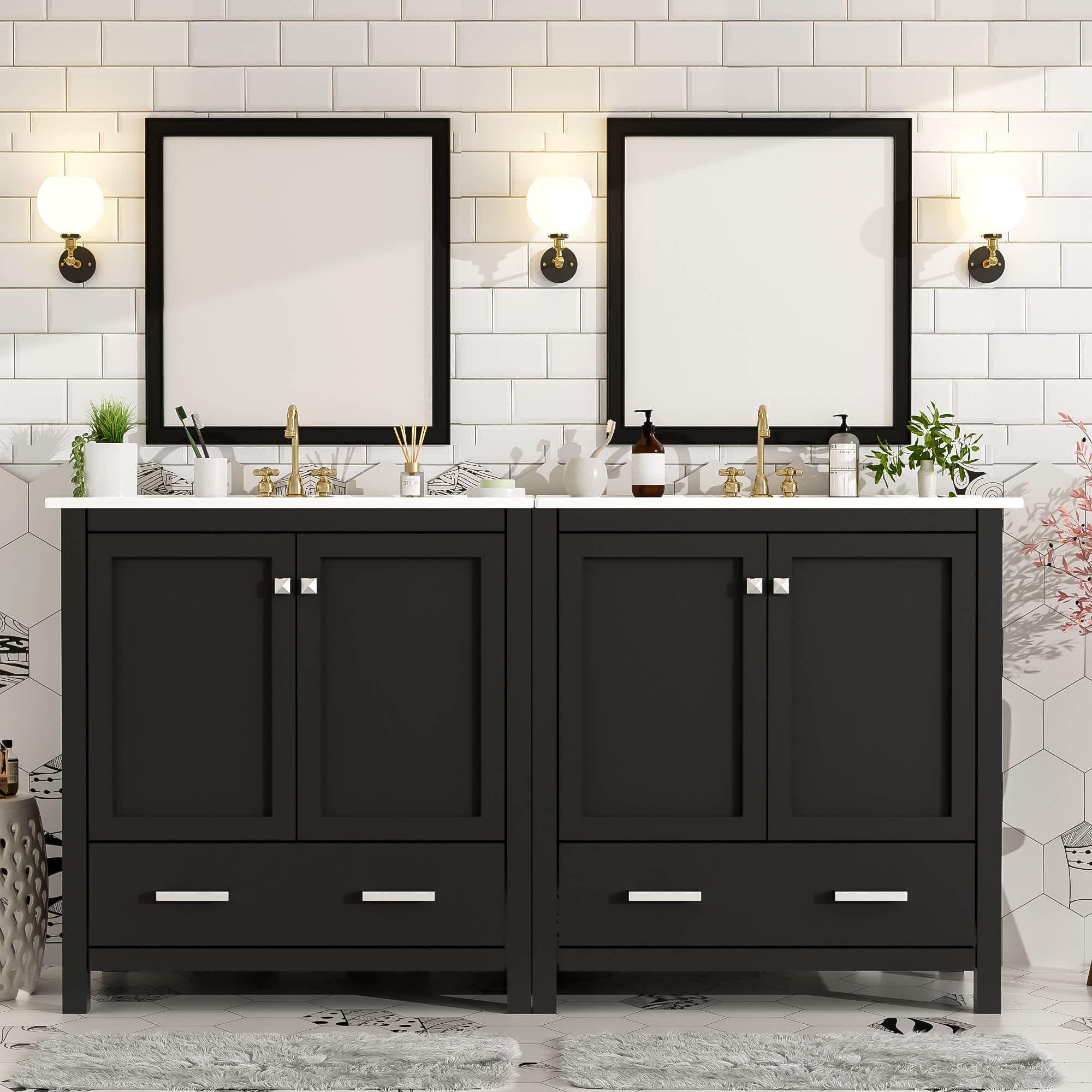 Vynxaria  60 Inch Double Bathroom Vanity Set   2 Separate Units  Double Ceramic Sinks  Divided Drawers  Black