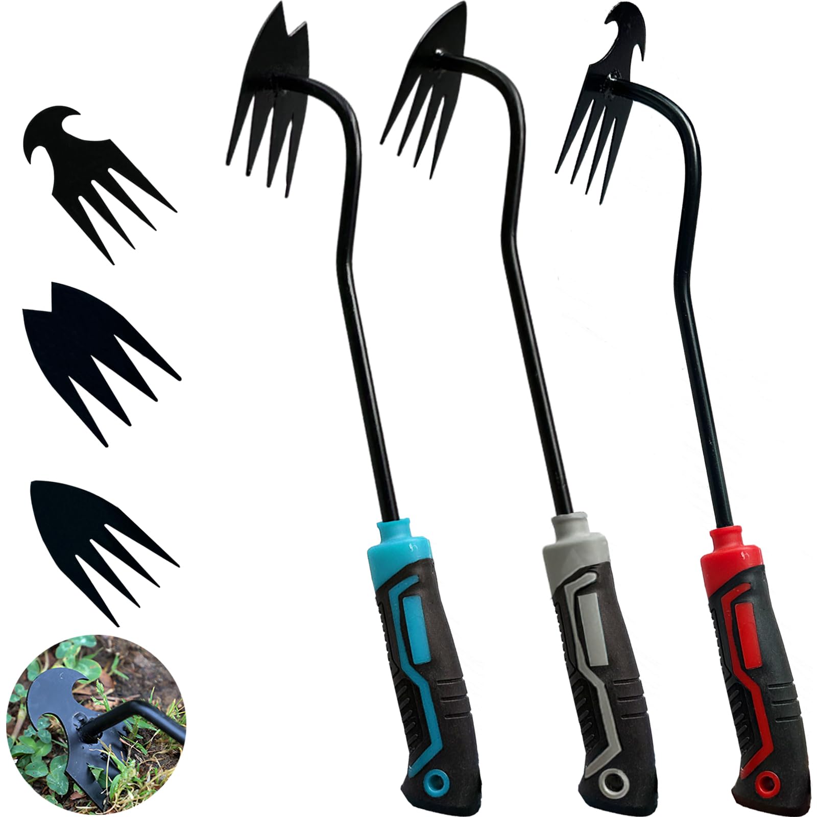 Misopily  3 pcs Weed Puller Tool Garden Hand Weeder with Rubber Handle Dual Purpose Manual Weeders 4 Teeth for Dandelion Thistle Crabgrass
