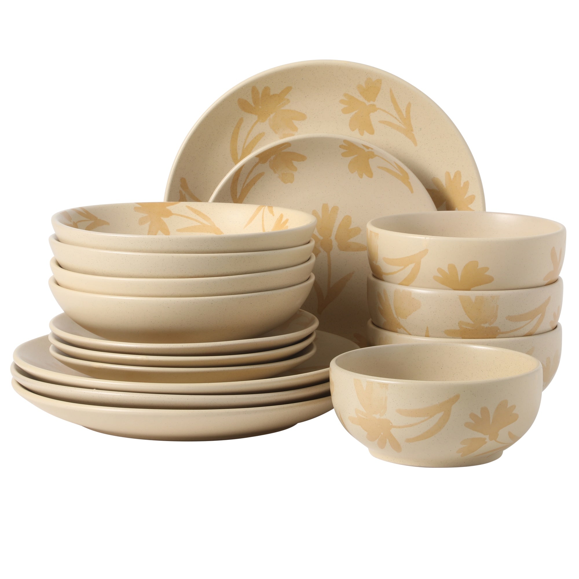 Gibson Home  Admiral Hall Plates and Bowls Set 16-Piece Floral Dinnerware Set Cream Stoneware Dish Set Dinner Plates Salad Plates Pasta Bowls and Cereal Bowls